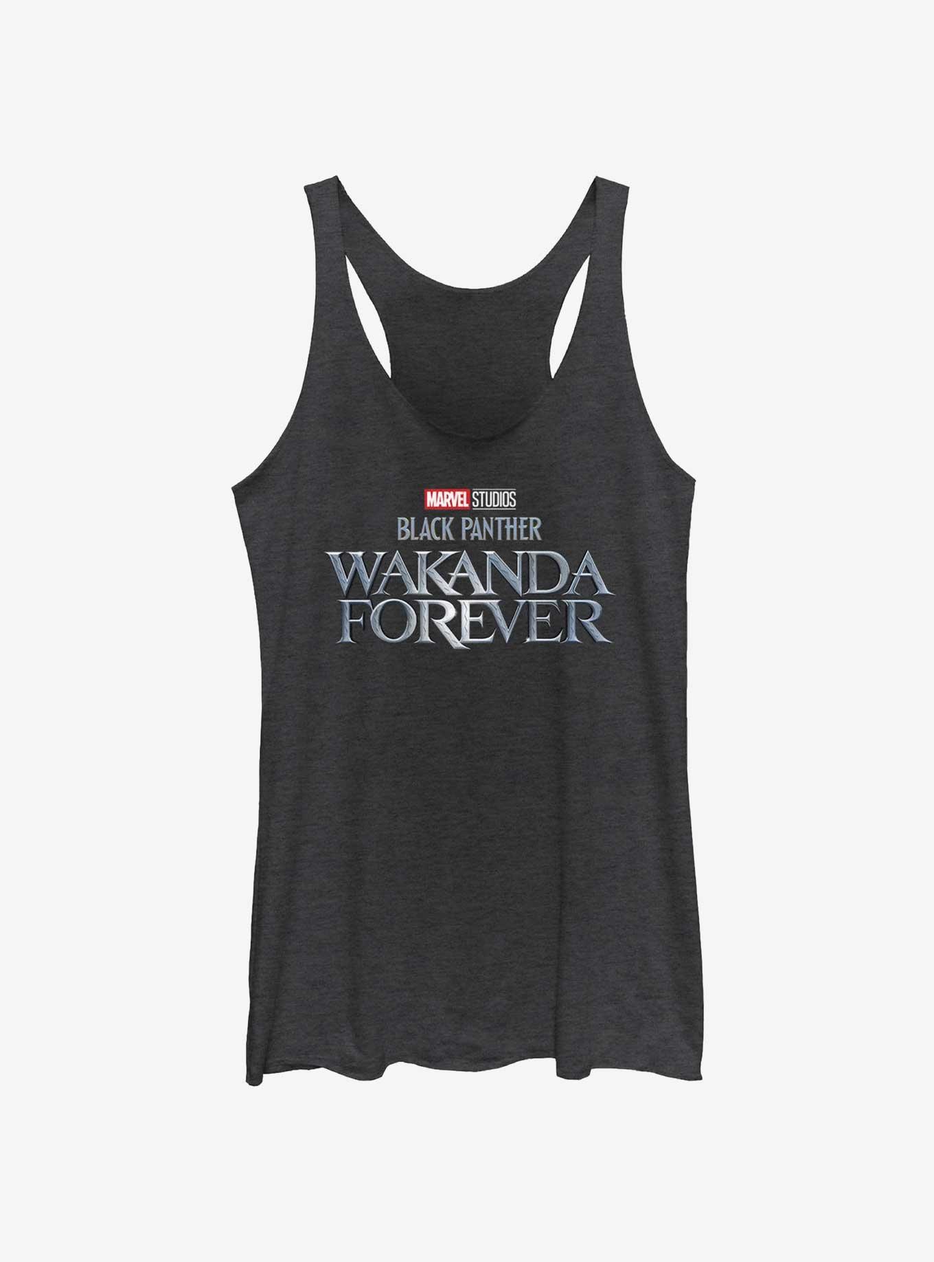 Marvel Black Panther Wakanda Forever Metal Logo Womens Tank Top, BLK HTR, hi-res