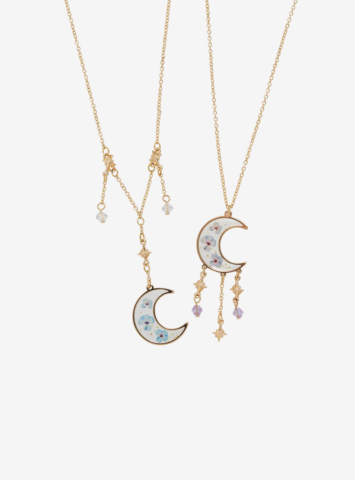 Crescent Moon Dried Floral Celestial Best Friend Necklace Set, , hi-res