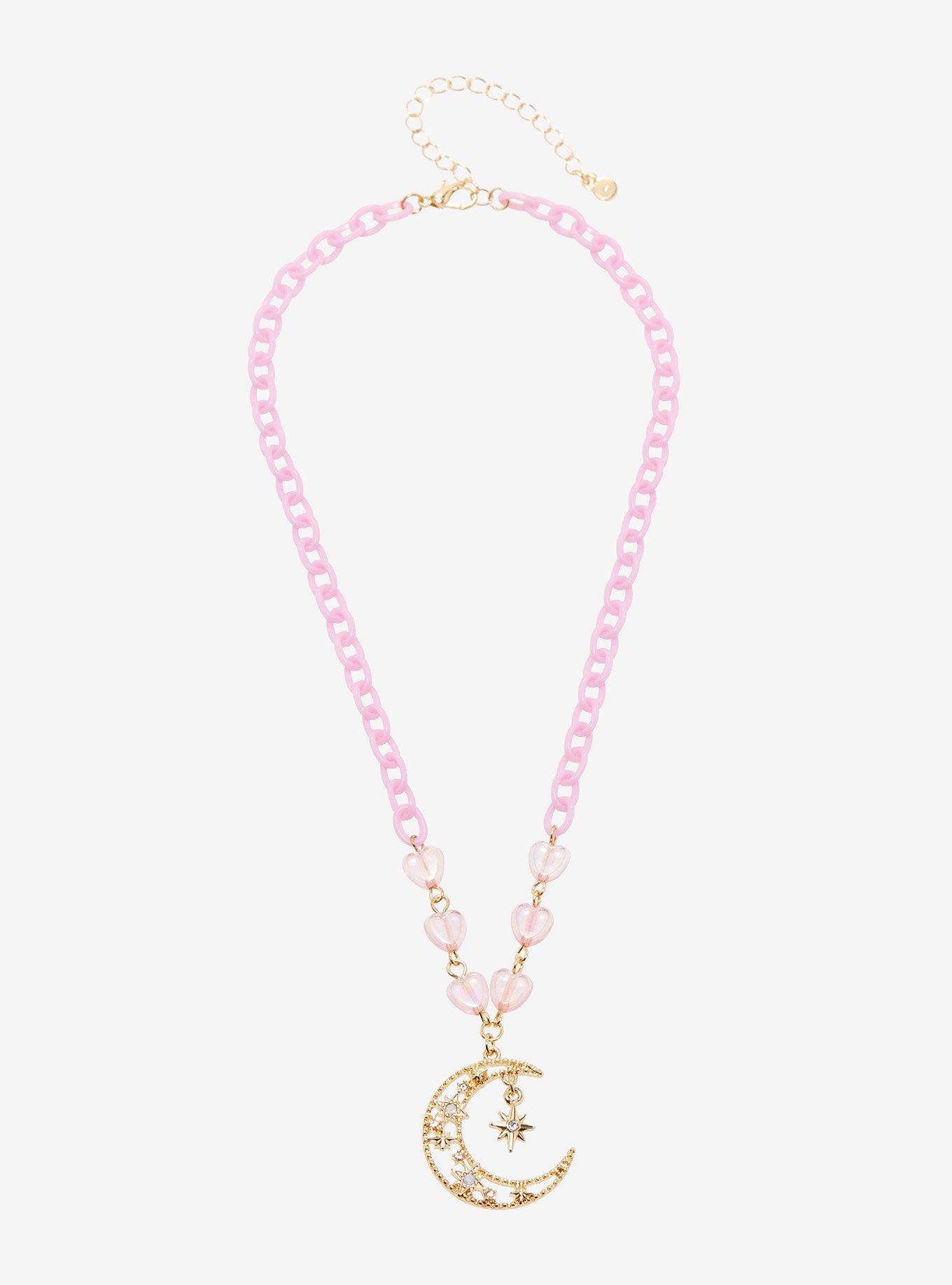 Moon Star Heart Bead Pink Chain Necklace, , hi-res