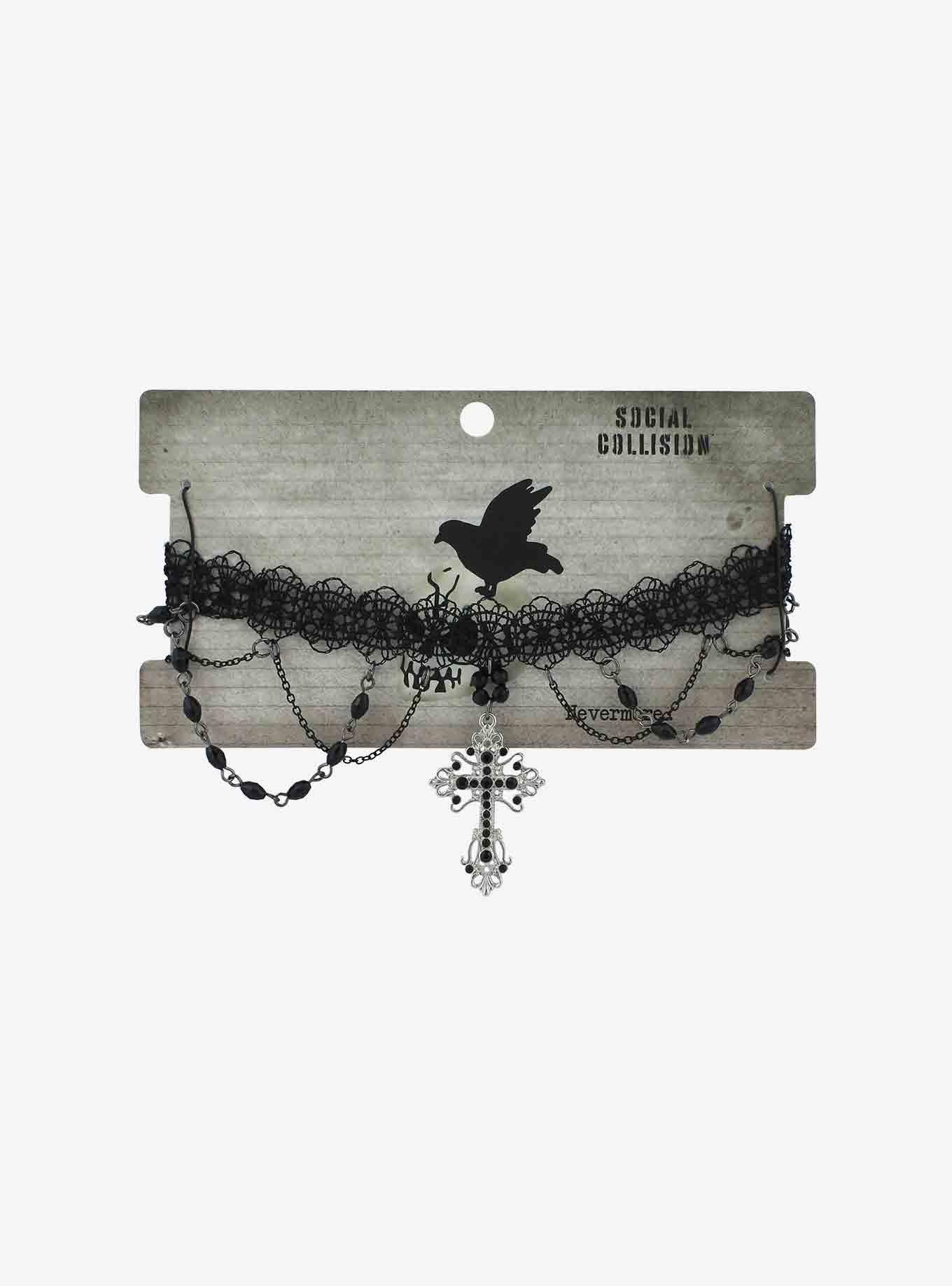 Black Gothic Ornate Cross Lace Choker, , hi-res