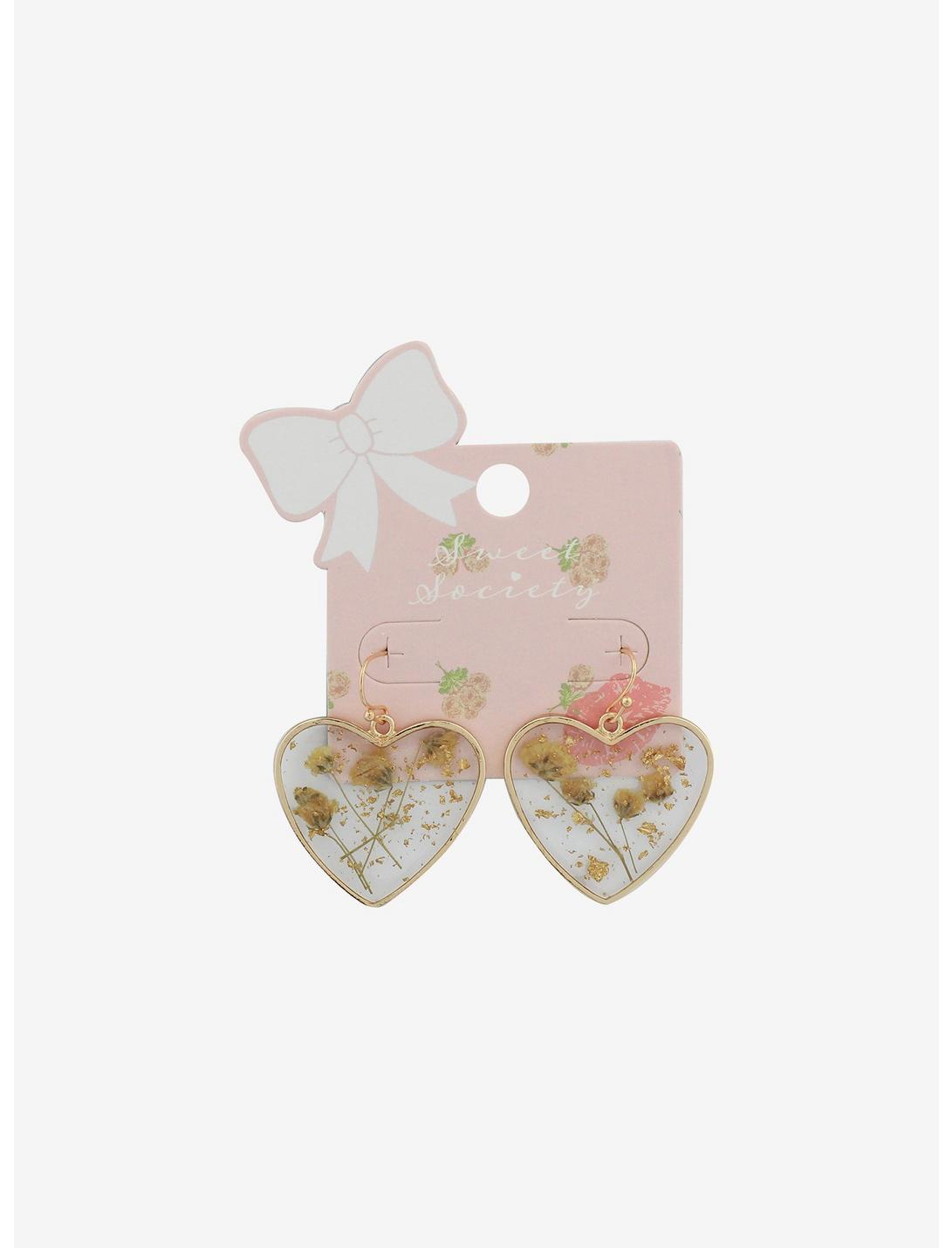 Dried Floral Dainty Heart Earrings, , hi-res