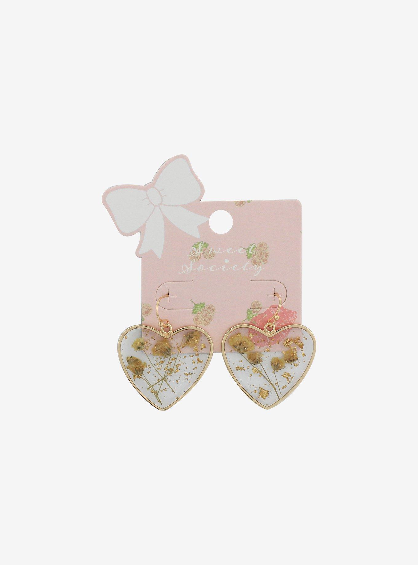 Dried Floral Dainty Heart Earrings, , hi-res