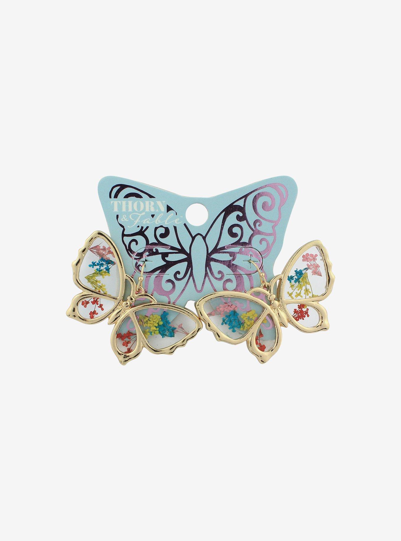 Dried Floral Butterfly Drop Earrings, , hi-res
