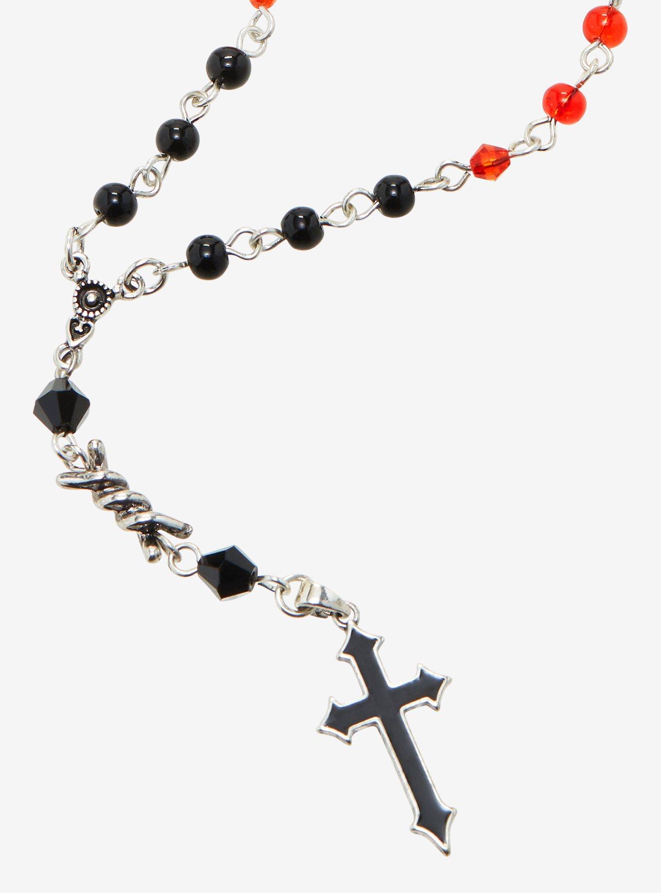 Red & Black Bead Cross Rosary Necklace