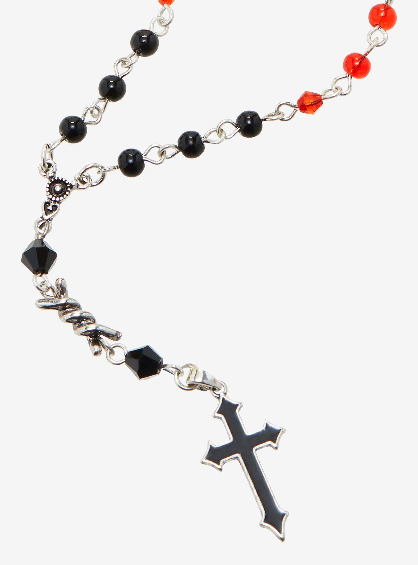 Red & Black Bead Cross Rosary Necklace, , hi-res
