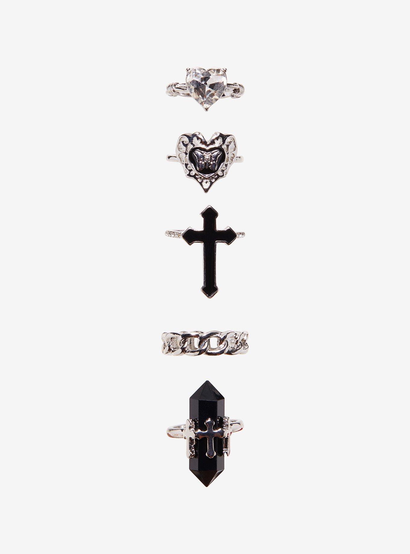 Gothic Cross Heart Crystal Ring Set, , hi-res