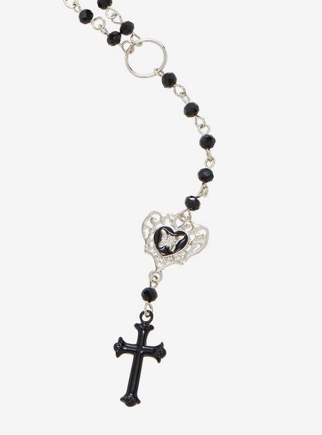 Hot Topic Red & Black Bead Cross Rosary Necklace