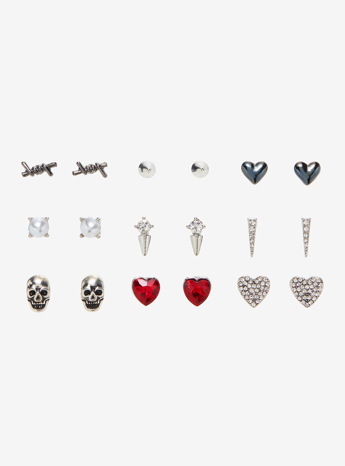 Skull Heart Spike Stud Earring Set, , hi-res