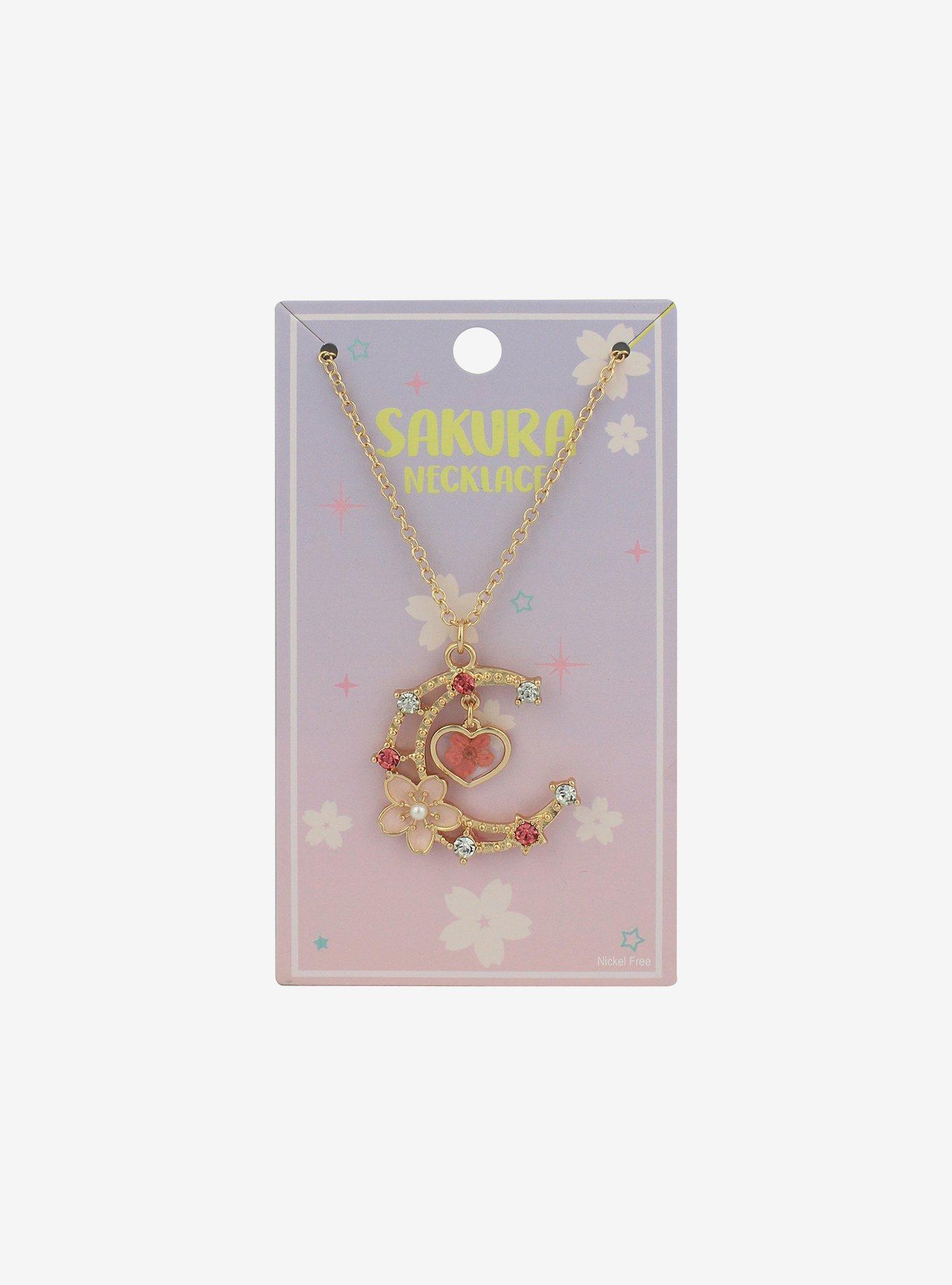 Heart Sakura Crescent Moon Gem Necklace, , hi-res