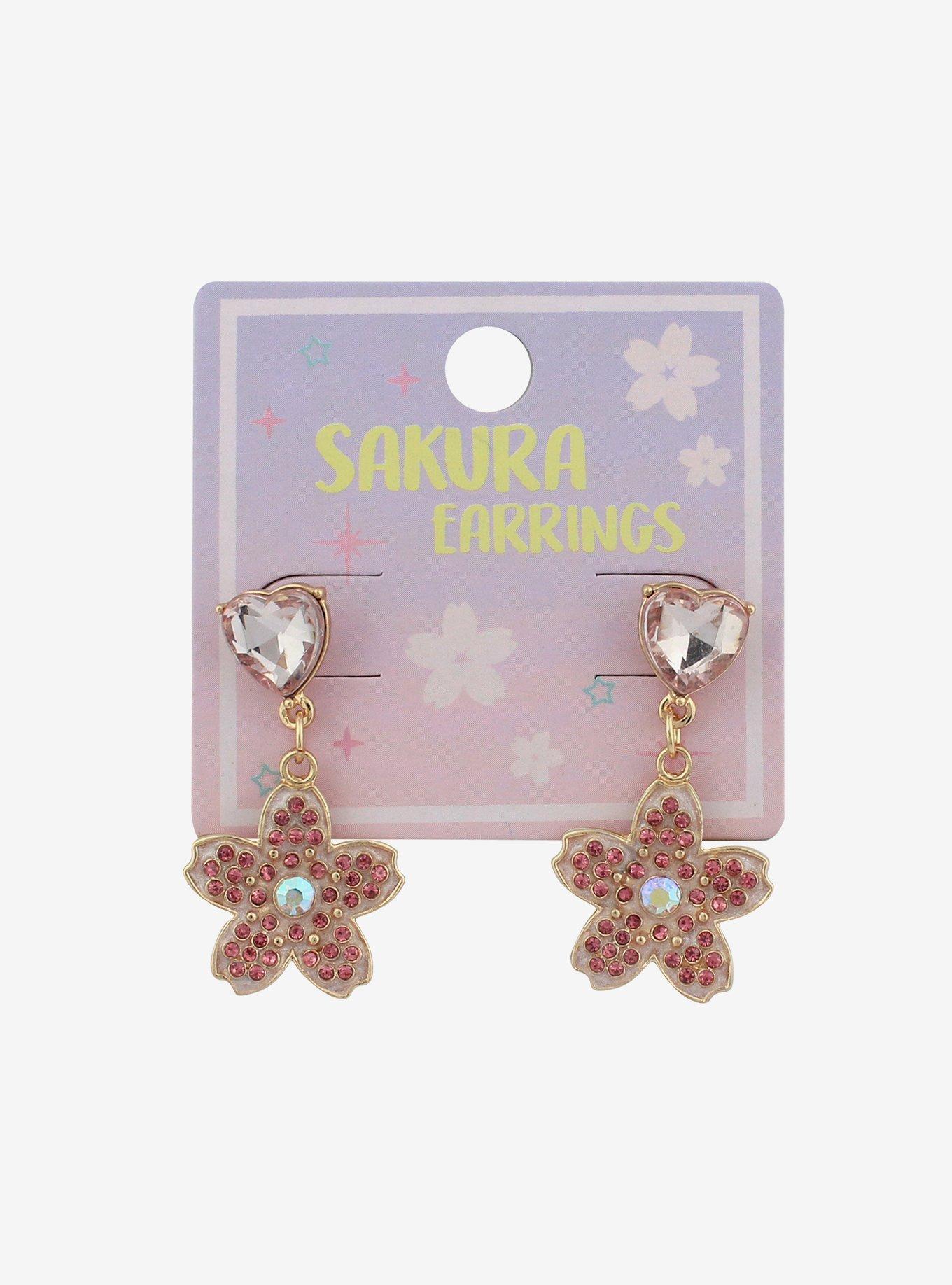 Sakura Heart Bejeweled Drop Earrings, , hi-res