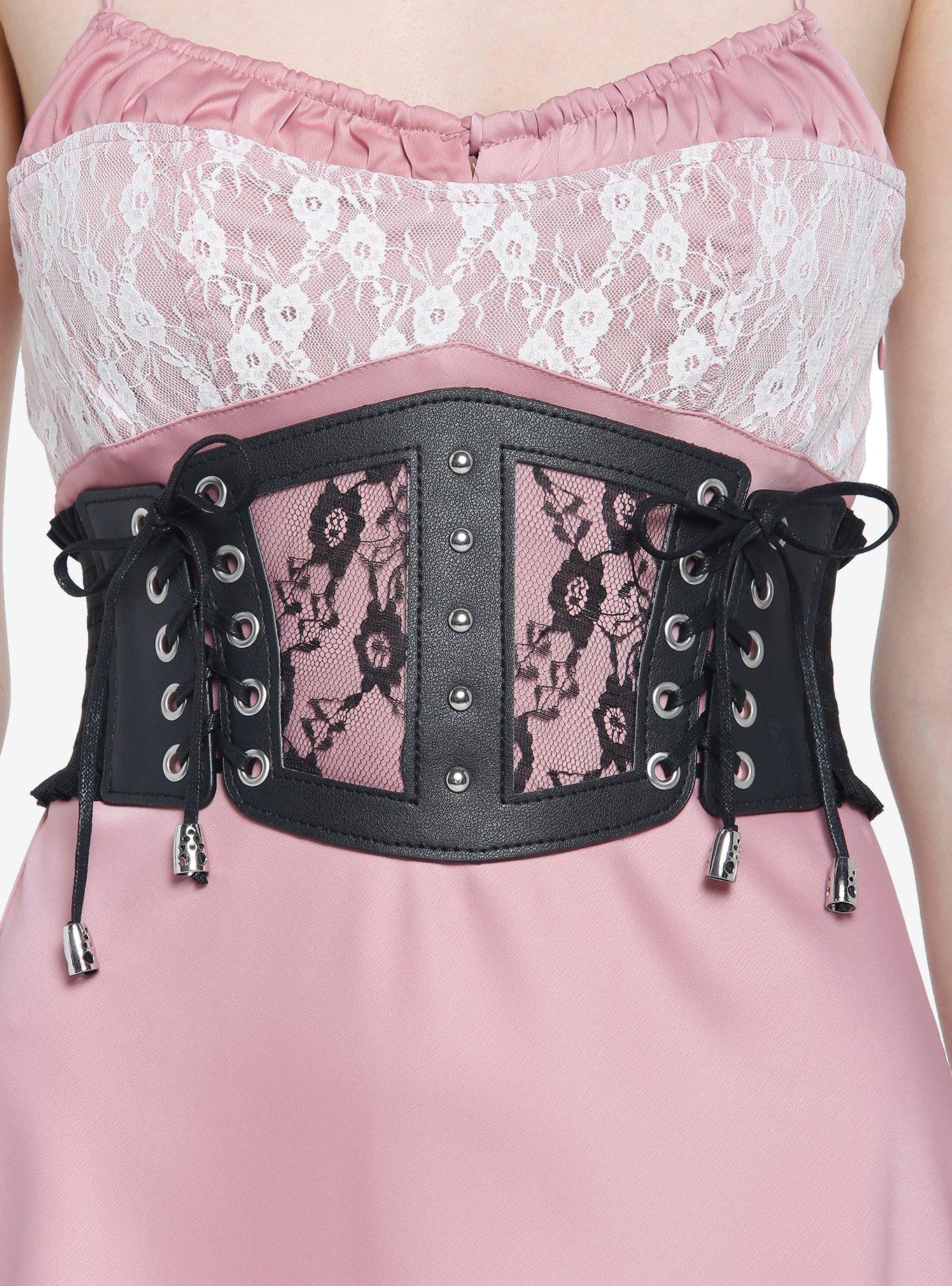 Black Floral Lace Lace Up Corset With Suspender And Thong