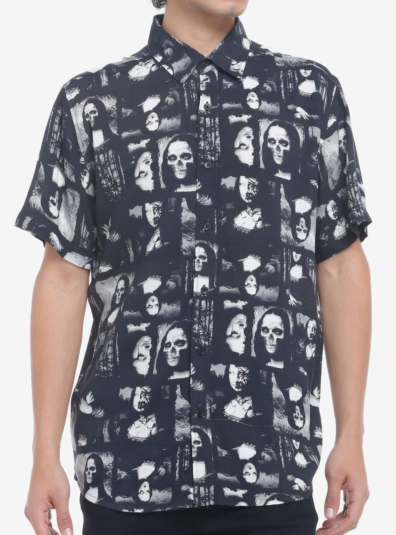 Dark Skeleton Art Portrait Woven Button-Up, BLUE, hi-res