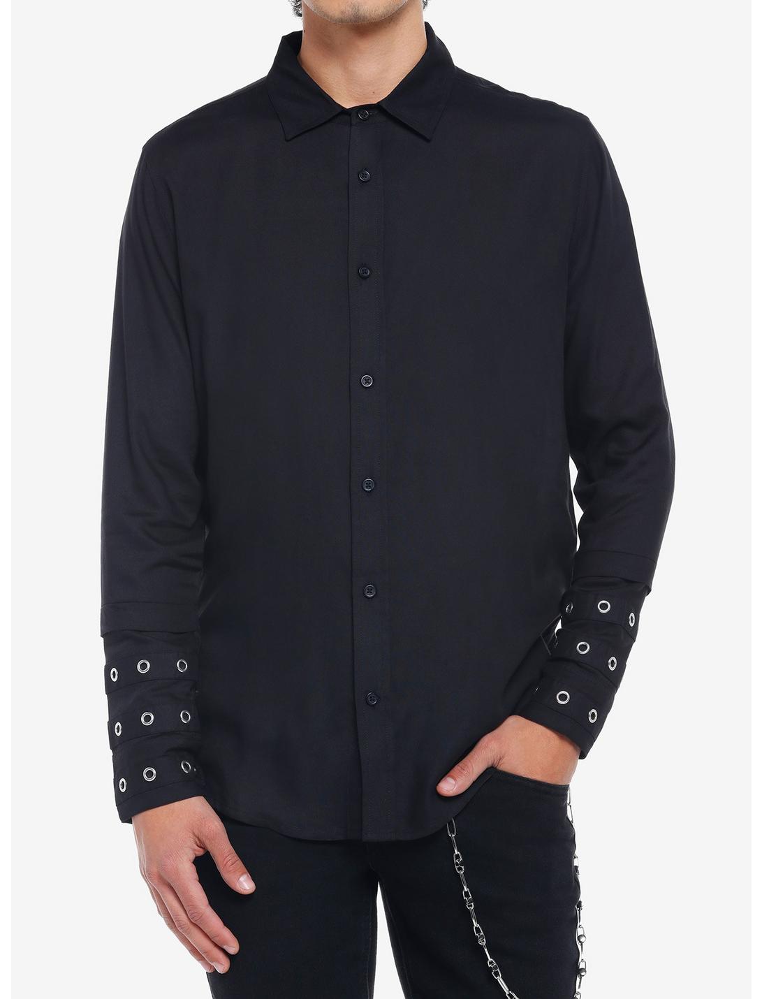 Black Grommet Sleeve Straps Woven Button-Up, BLACK, hi-res