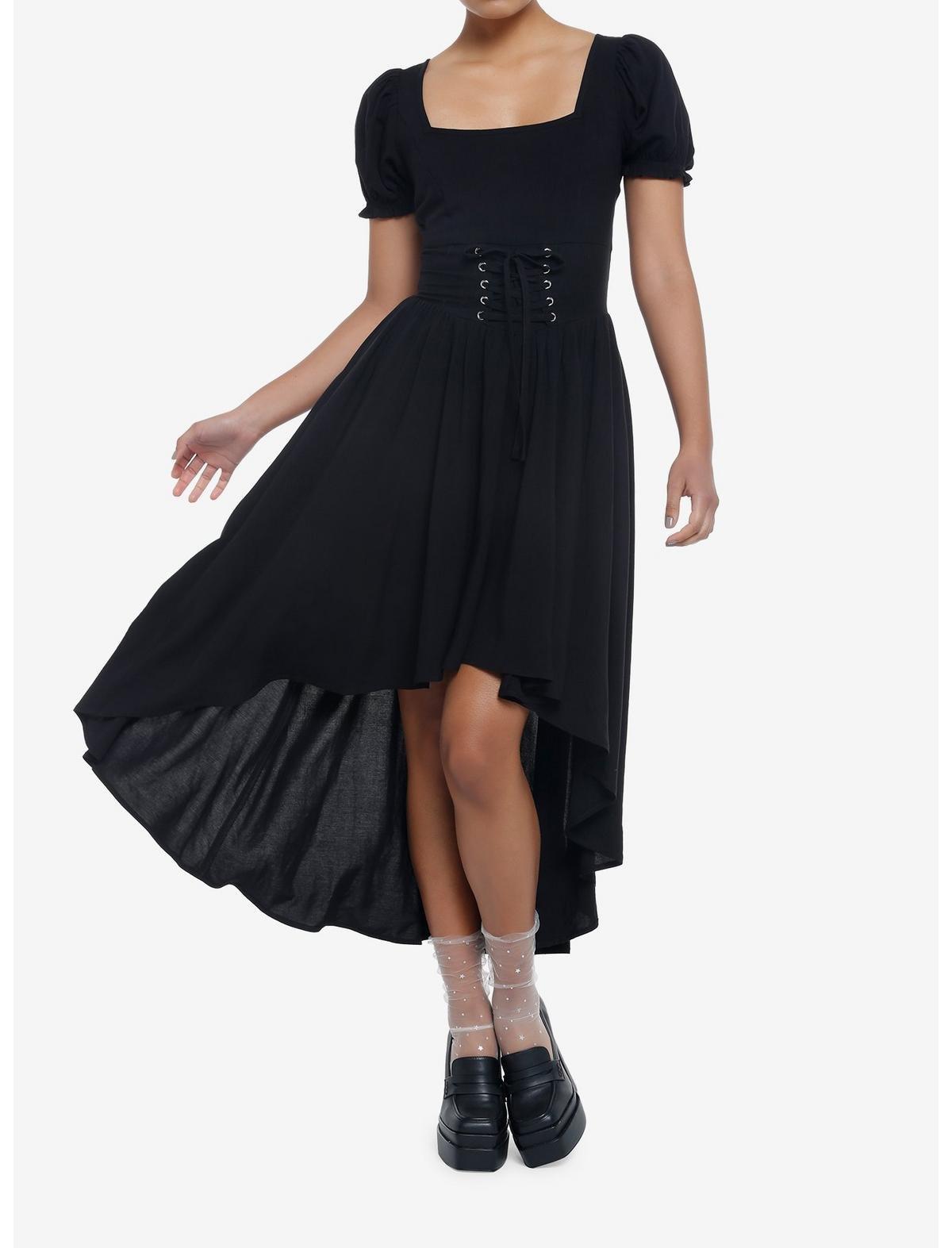 Black Lace-Up Corset Hi-Low Dress, MULTI, hi-res