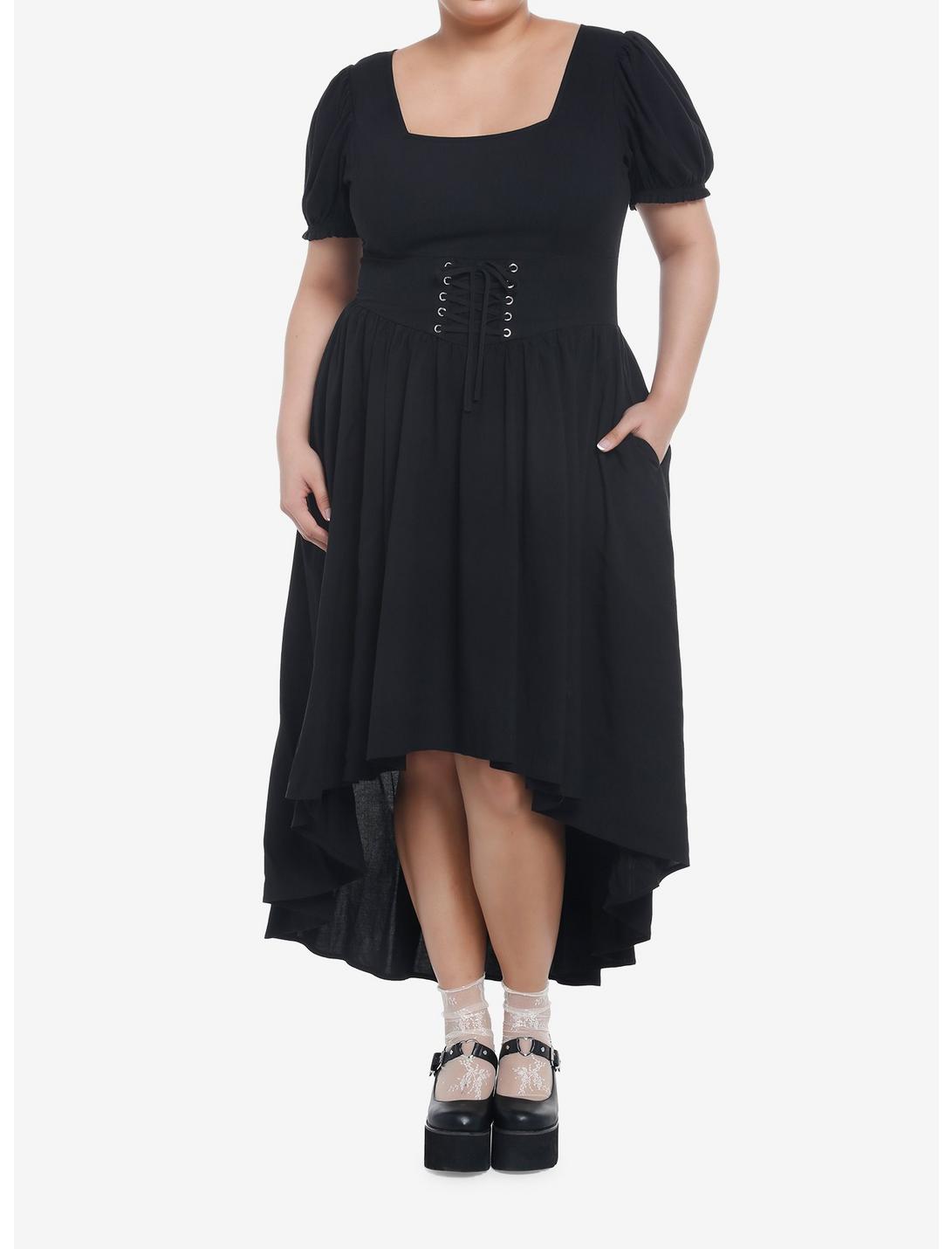 Black Lace-Up Corset Hi-Low Dress Plus Size, MULTI, hi-res