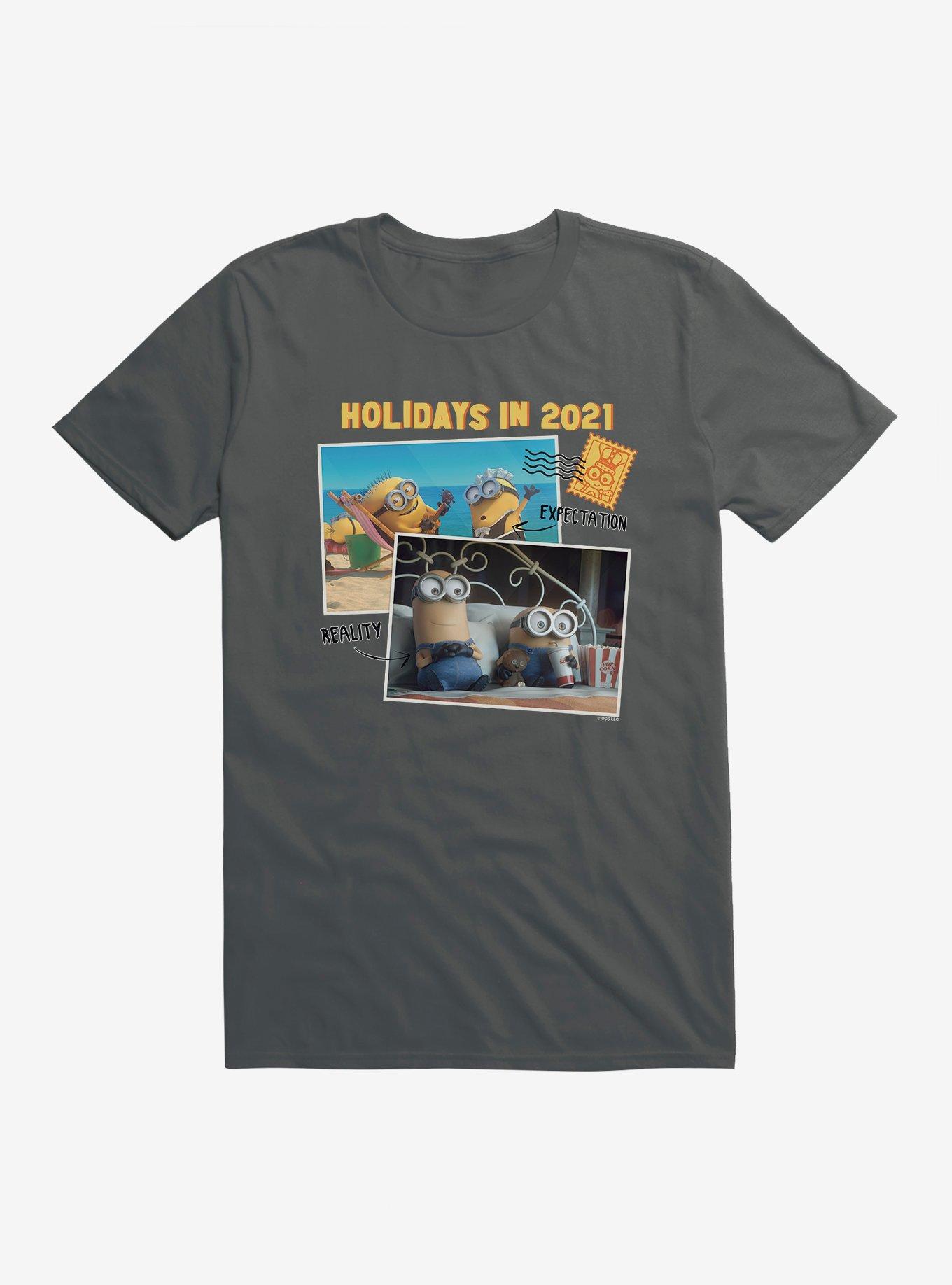 Minions Holidays In 2021 Expectation Vs Reality T-Shirt, CHARCOAL, hi-res