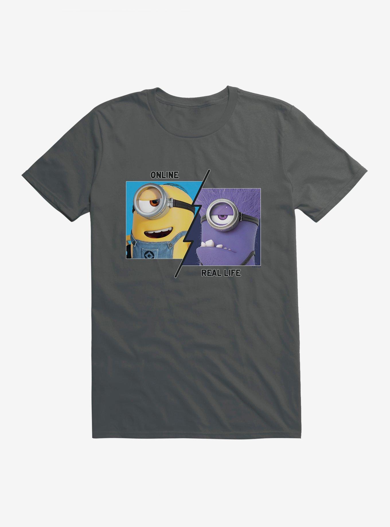 Minions Online Vs Real Life T-Shirt, CHARCOAL, hi-res