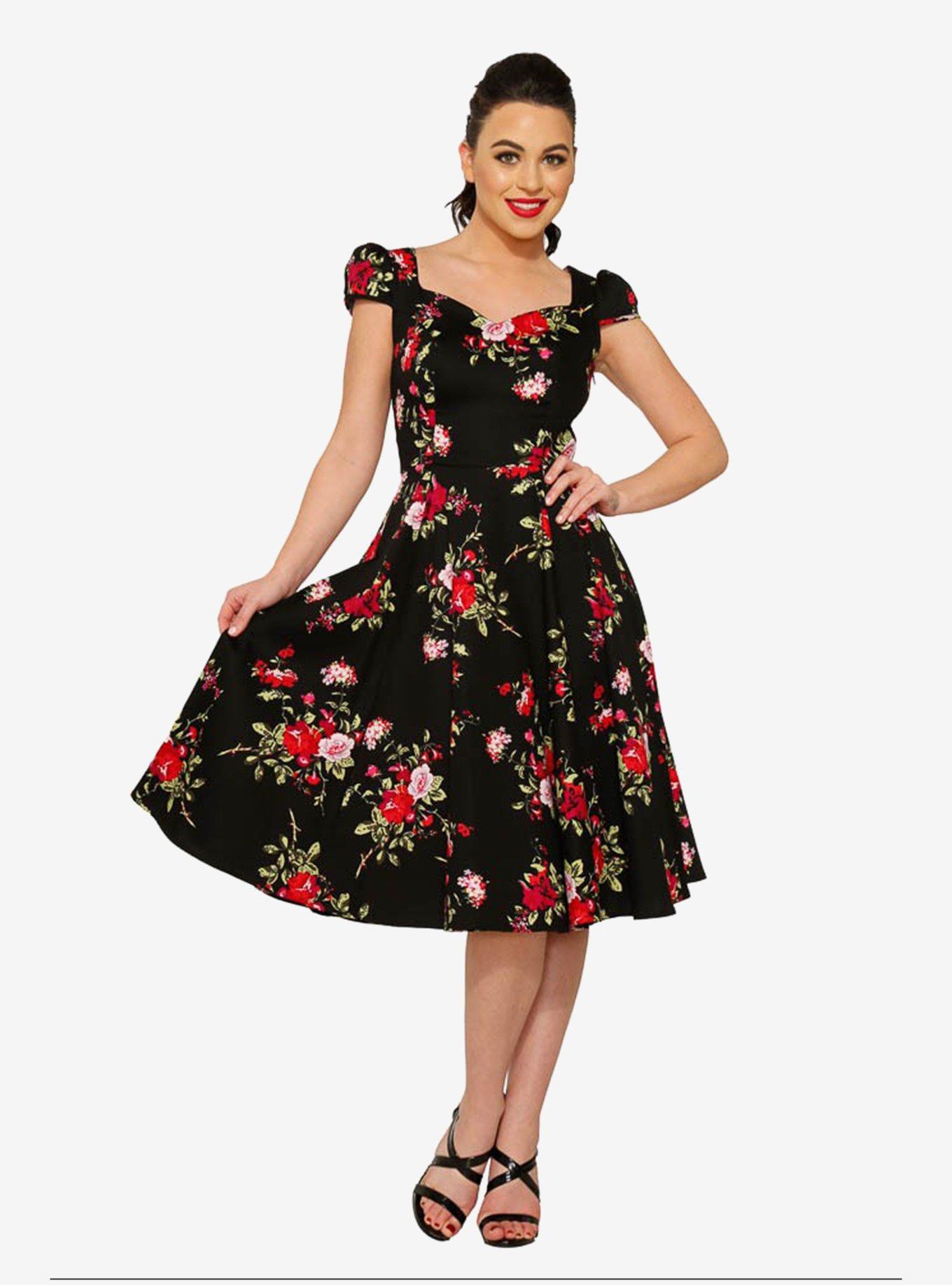 Black Red Floral Dress, BLACK, hi-res