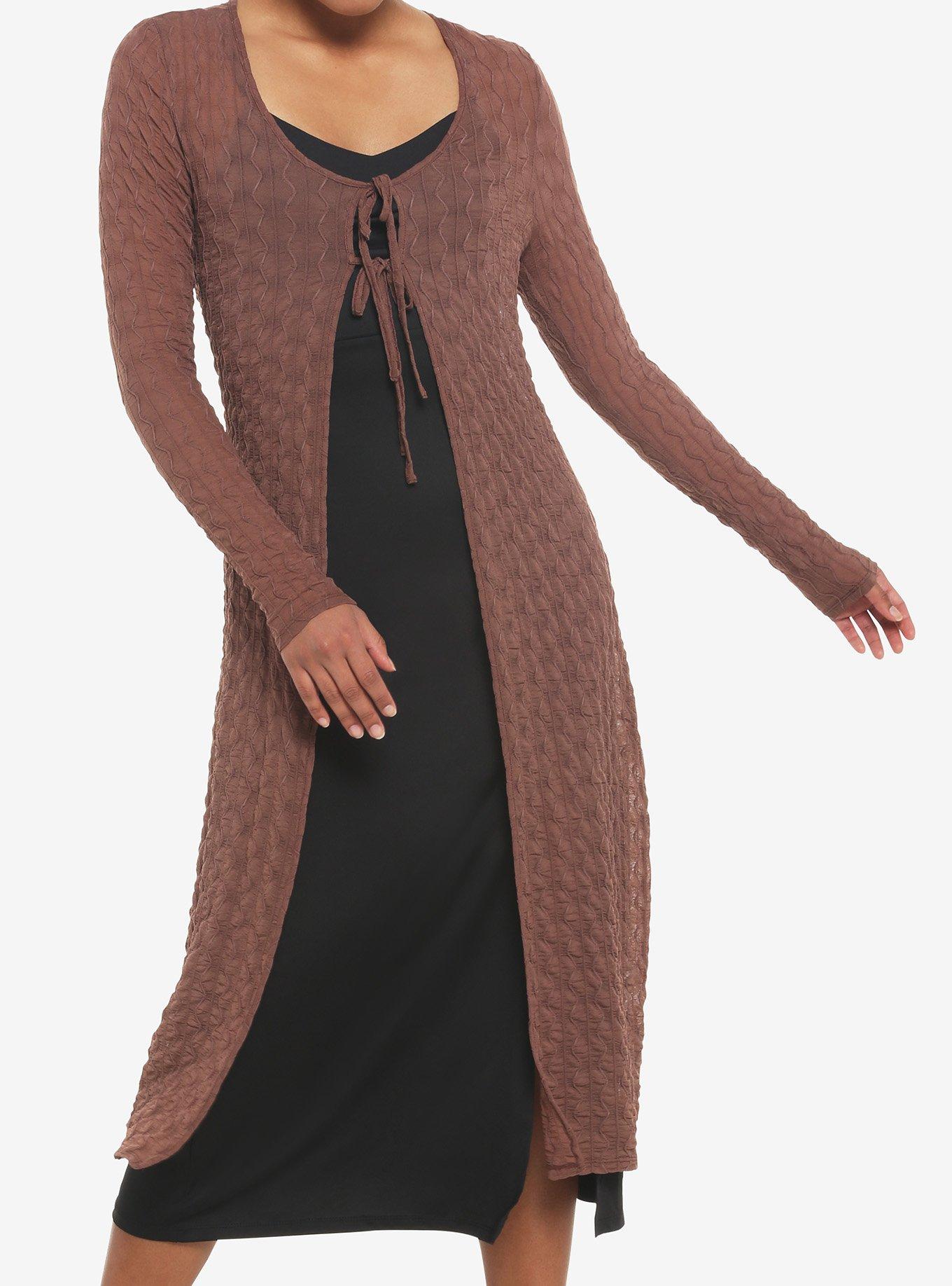 Brown Textured Tie-Front Duster, BROWN, hi-res