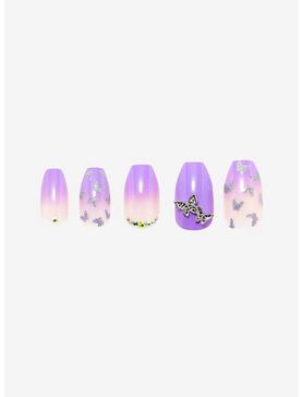 Lavender Pink Ombre Butterfly Faux Nail Set, , hi-res