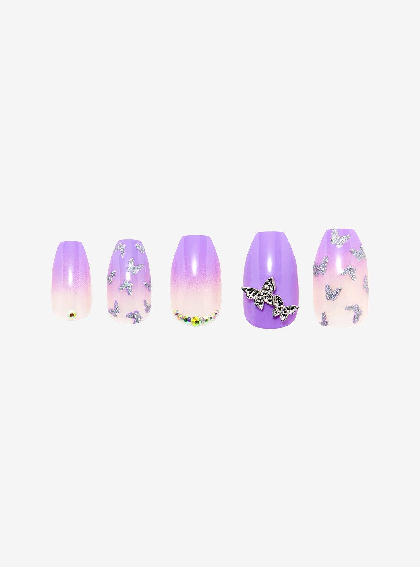 New Claire's 24 False Nails Butterflies Pink Glitter with Nail Glue