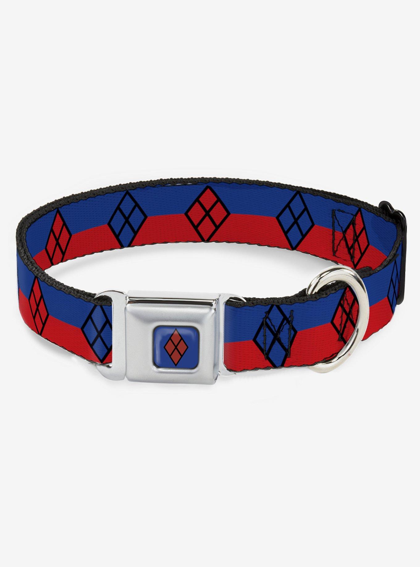 DC Comics Harley Quinn Diamond Stripe Seatbelt Buckle Dog Collar, RED, hi-res