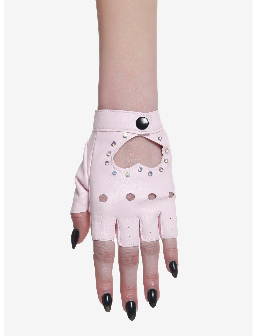 Pink Heart Cutout Moto Fingerless Gloves, , hi-res