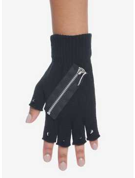 Black Zipper Fingerless Gloves, , hi-res