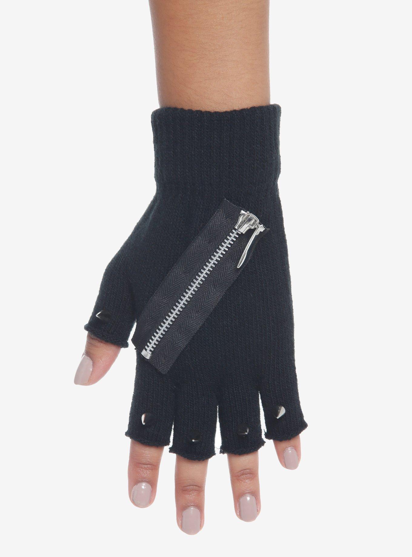 Black Zipper Fingerless Gloves, , hi-res