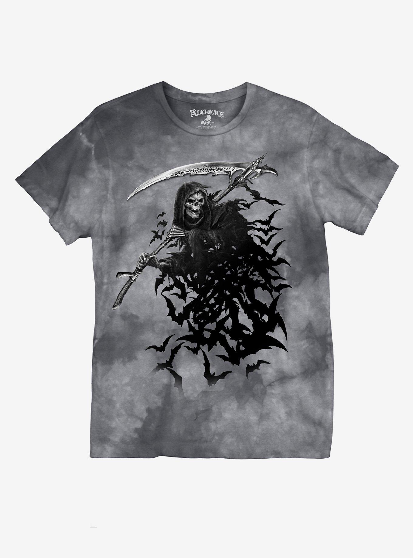 Grim Reaper & Bats Tie-Dye T-Shirt By Alchemy Gothic, BLACK, hi-res