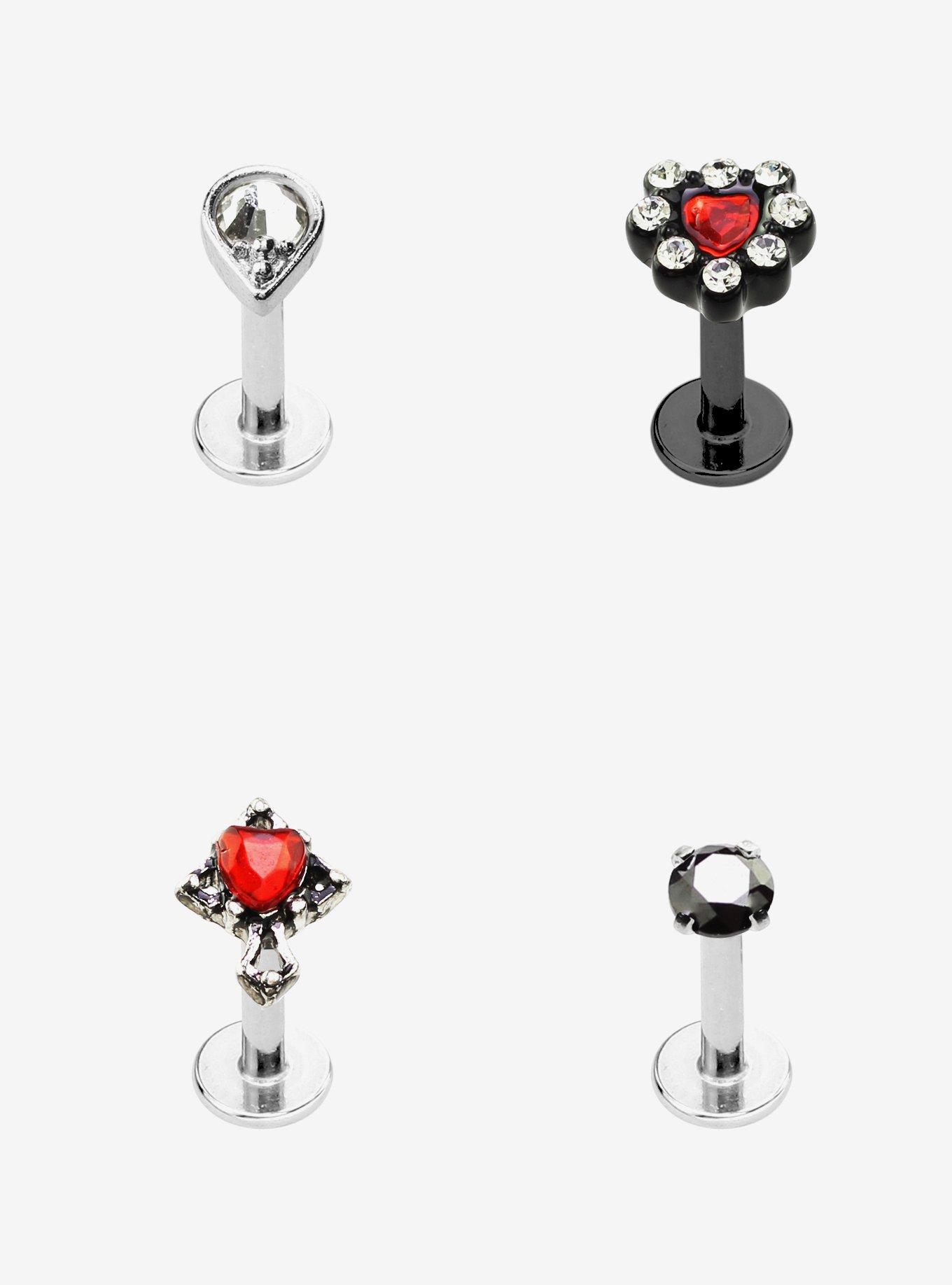 Steel Black Red & Silver Heart Cross Labret 4 Pack, SILVER, hi-res