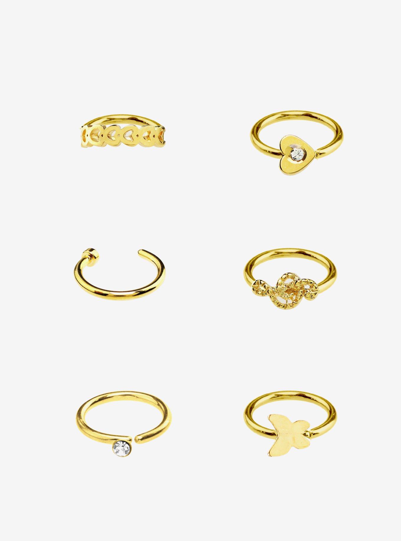 Steel Gold Heart Music Note Nose Hoop 6 Pack, GOLD, hi-res
