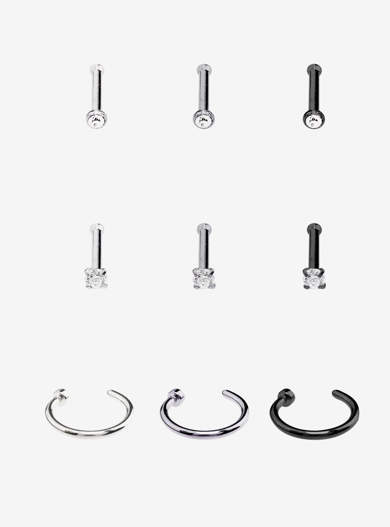 Steel Black Silver & Hematite Nose Stud & Hoop 9 Pack Hot Topic