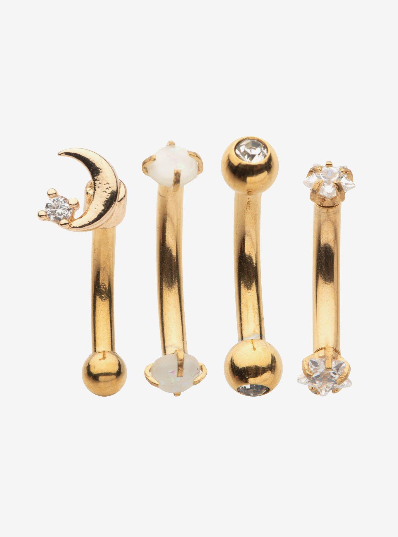 Steel Gold Celestial Gem Eyebrow Barbell 4 Pack, GOLD, hi-res