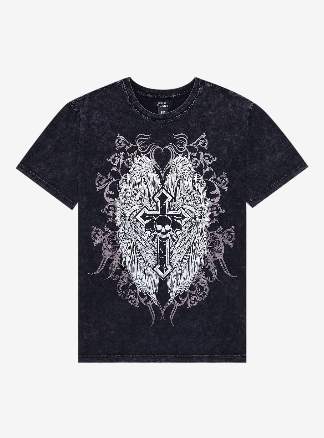 Winged Cross Metallic Foil Acid Wash T-Shirt, BLACK, hi-res