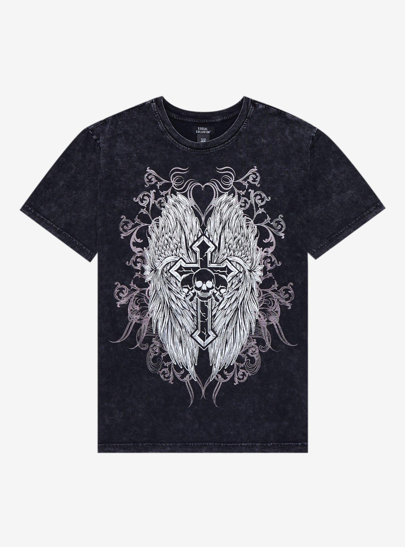 Winged Cross Metallic Foil Acid Wash T-Shirt, , hi-res