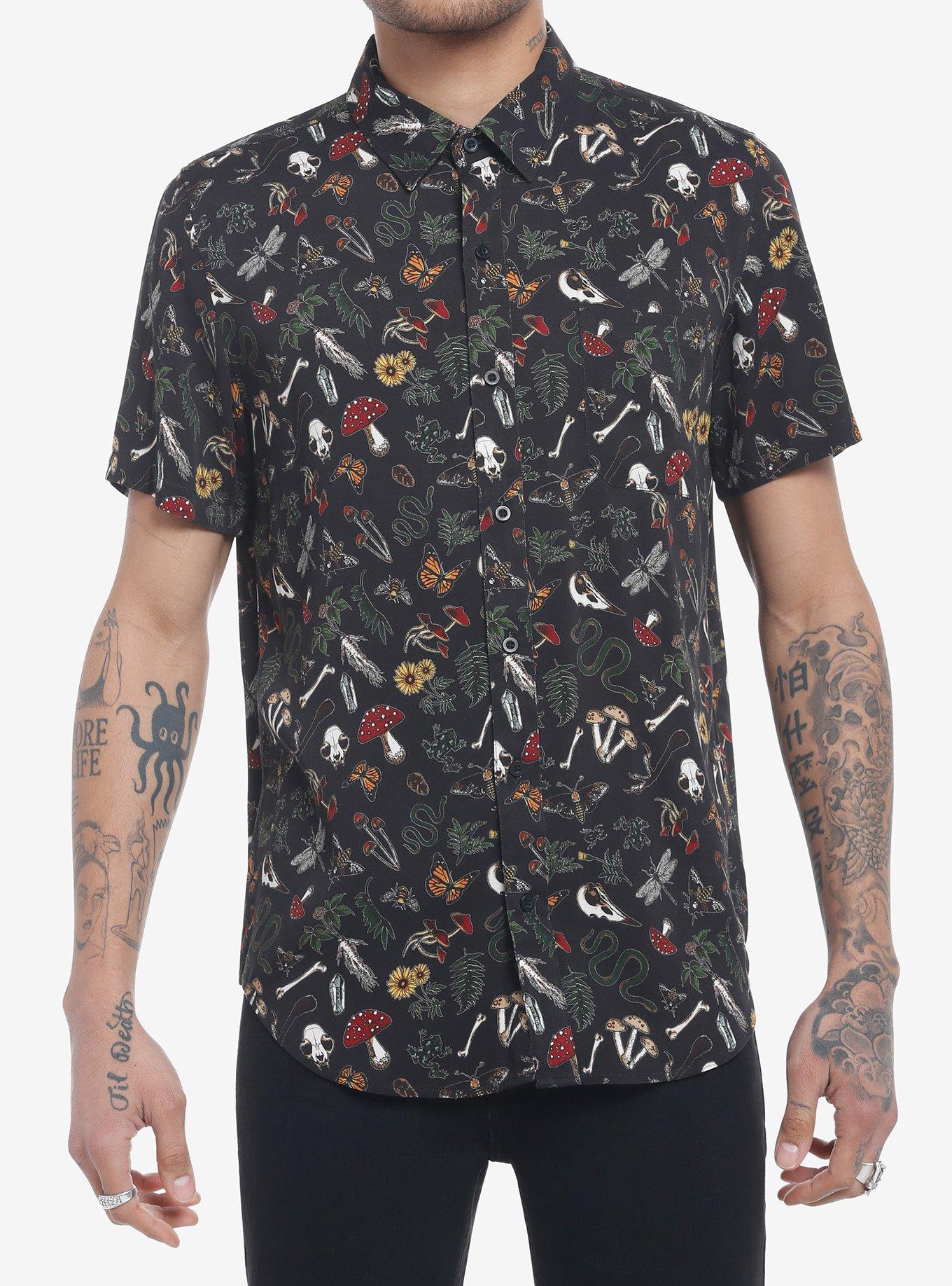 Dark Mushroom Forest Creatures Woven Button-Up, BLACK, hi-res