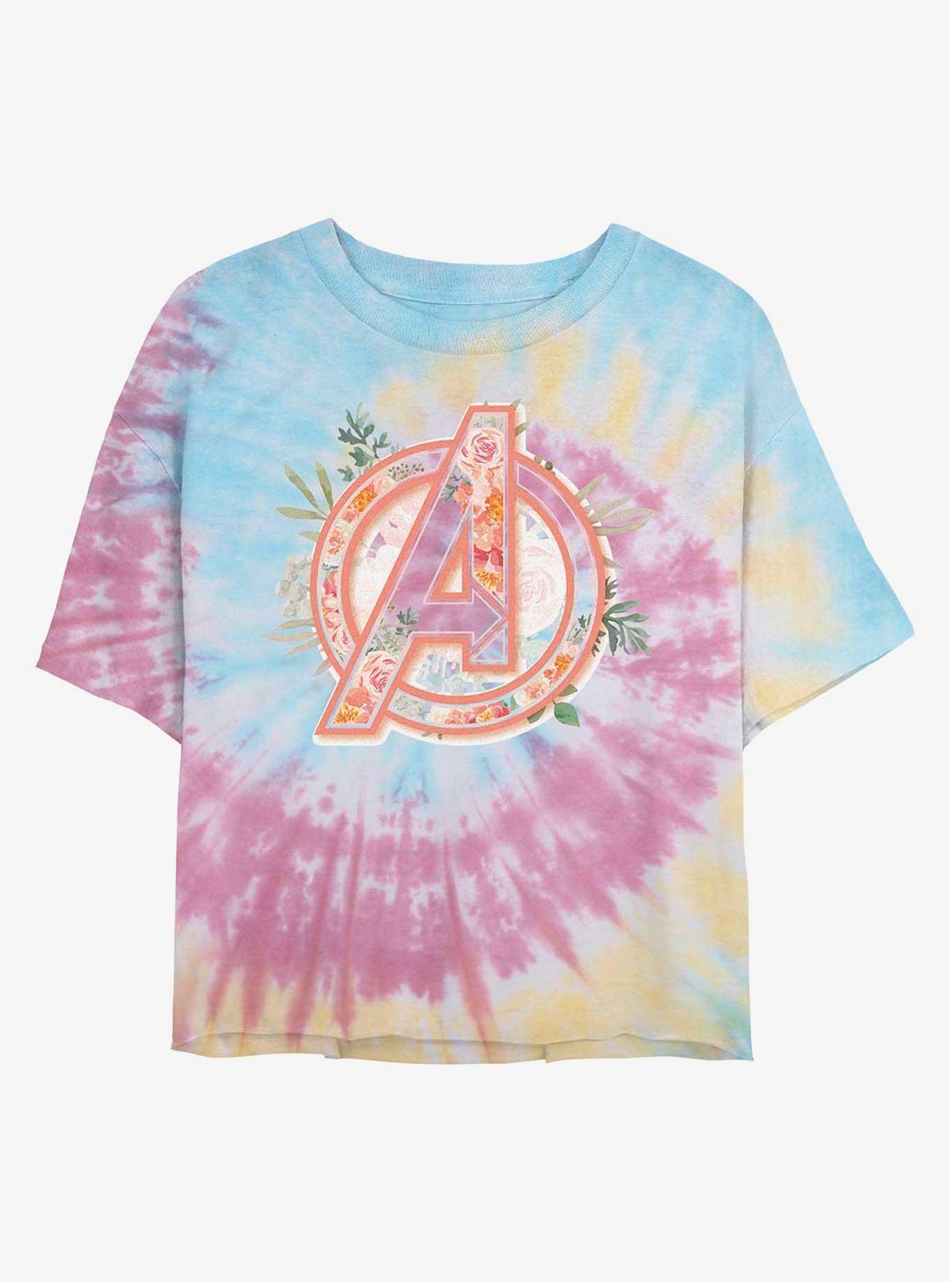 Marvel Avengers Floral Icon Tie Dye Crop Girls T-Shirt, BLUPNKLY, hi-res