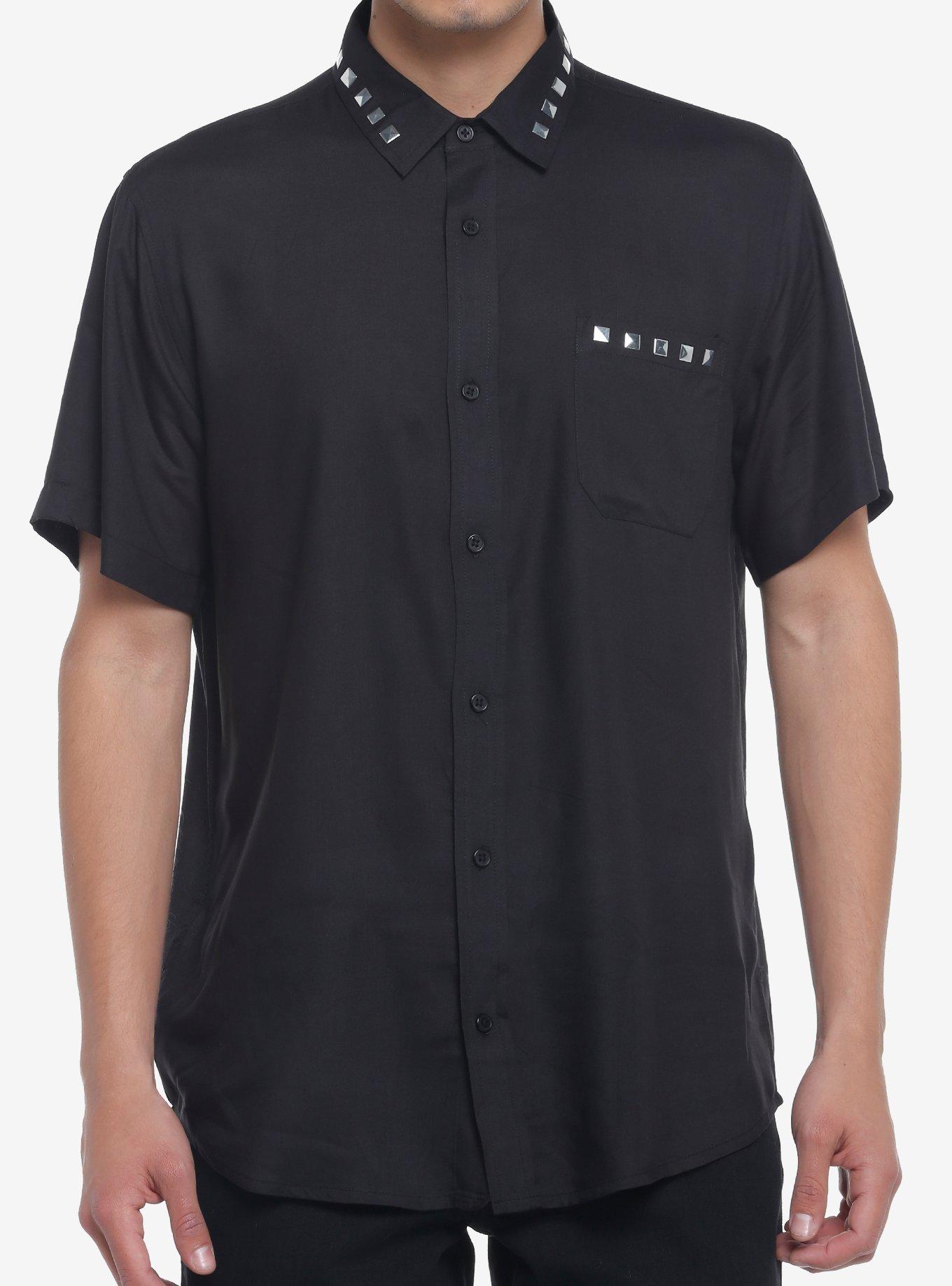 Pyramid Stud Collar Woven Button-Up, BLACK, hi-res