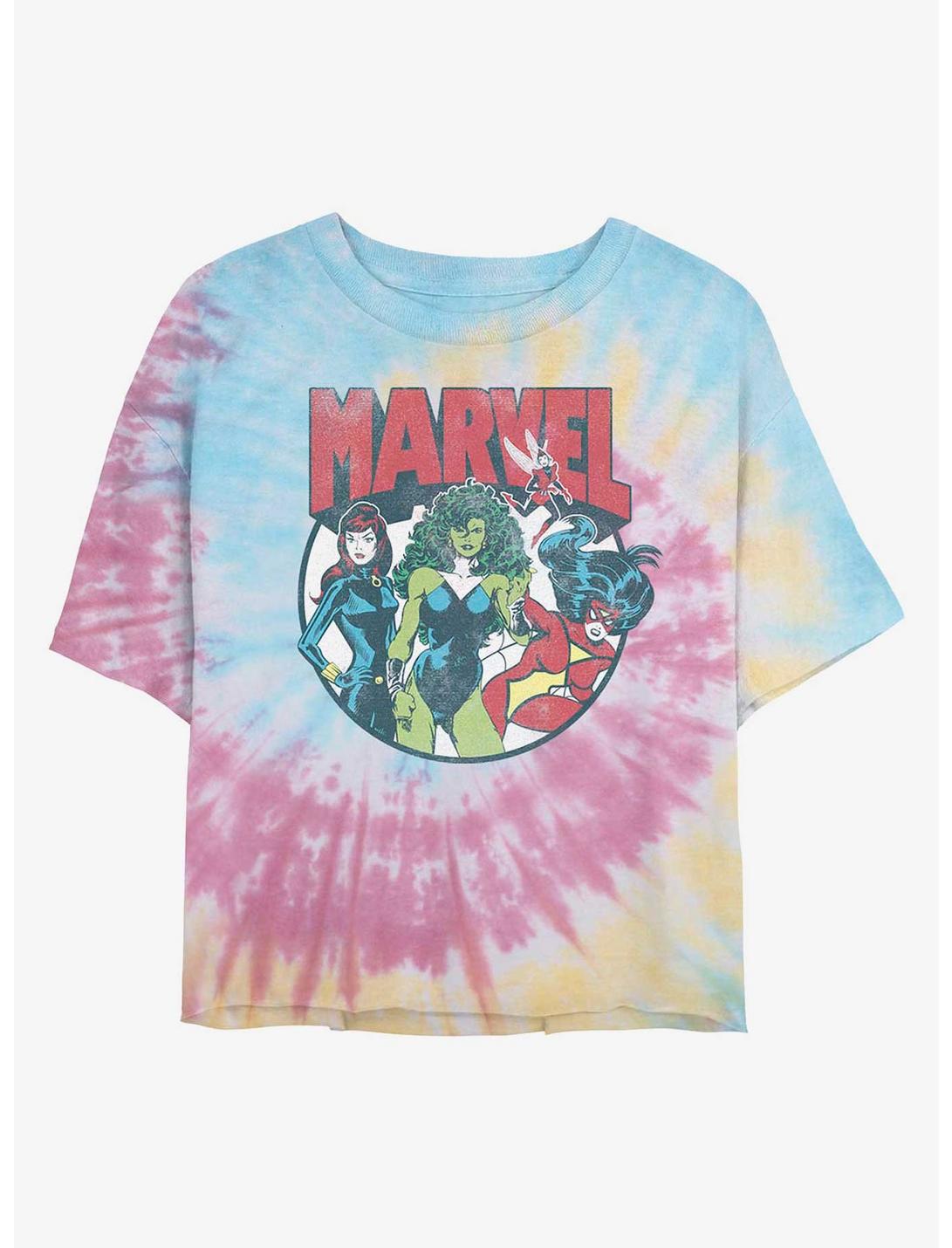 Marvel Gals Black Widow, She-Hulk, Spider-Woman, Wasp Womens Tie-Dye Crop T-Shirt, BLUPNKLY, hi-res