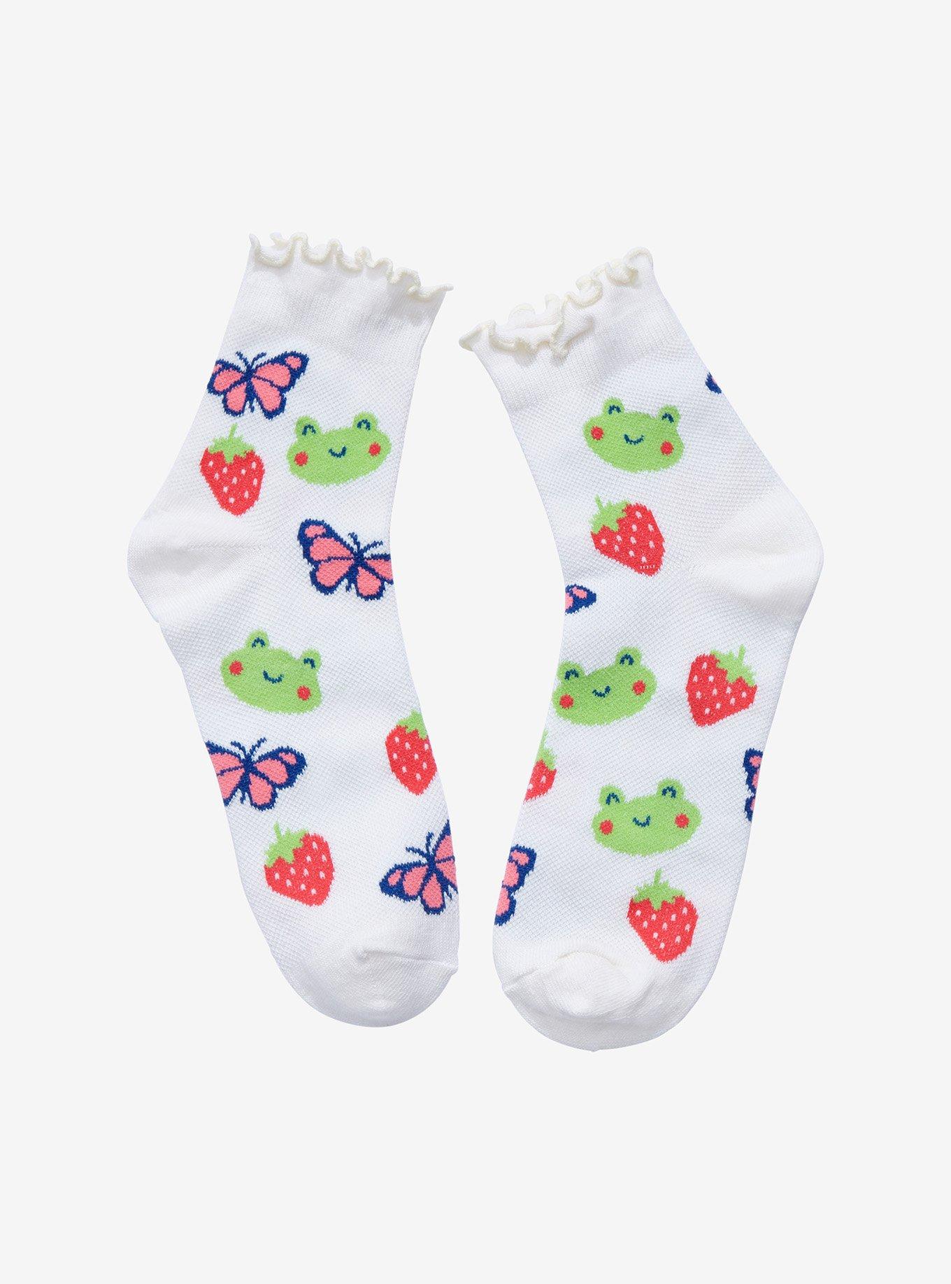 Strawberry Frog Waffle Knit Ankle Socks, , hi-res