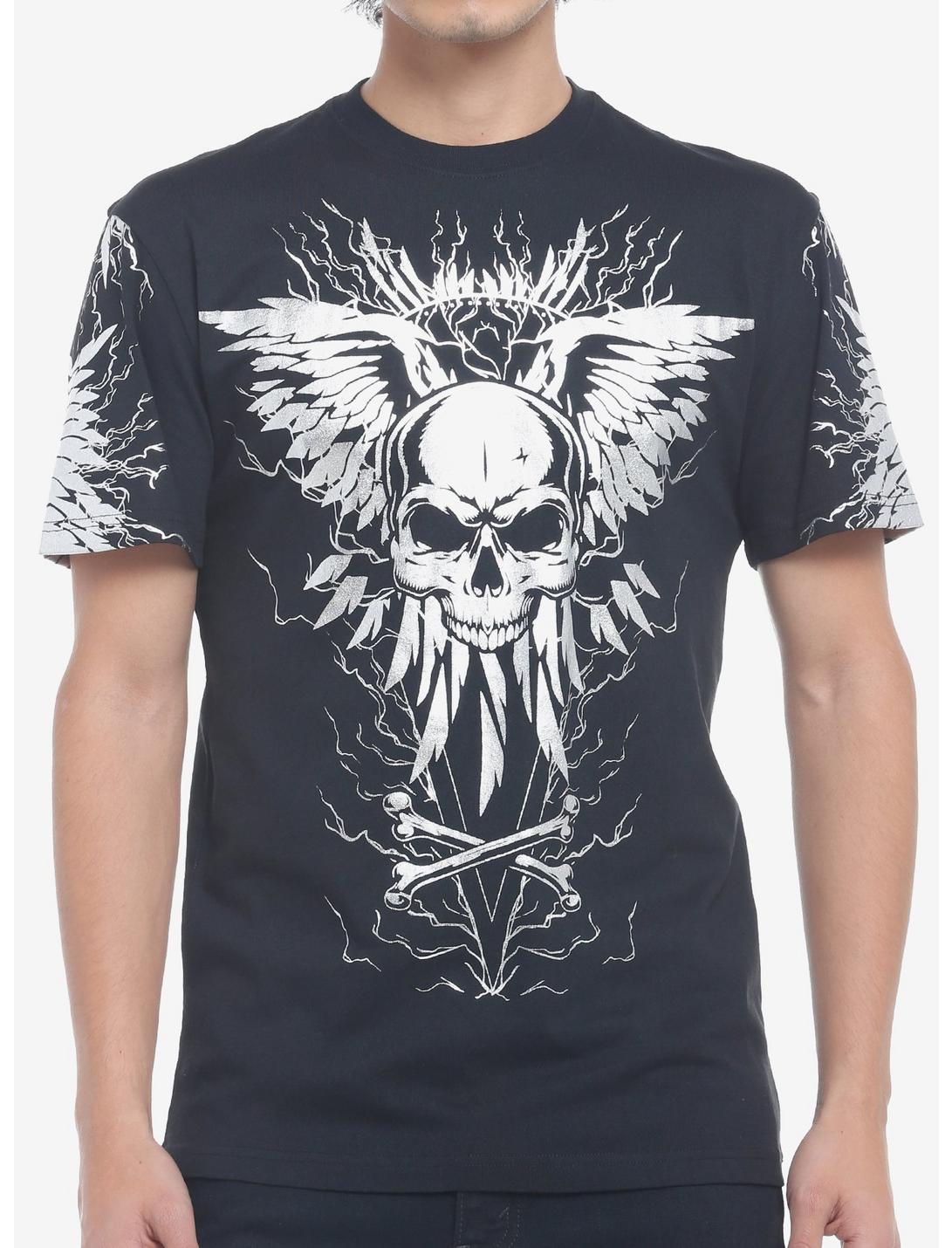 Silver Skull With Wings T-Shirt, BLACK  RED, hi-res