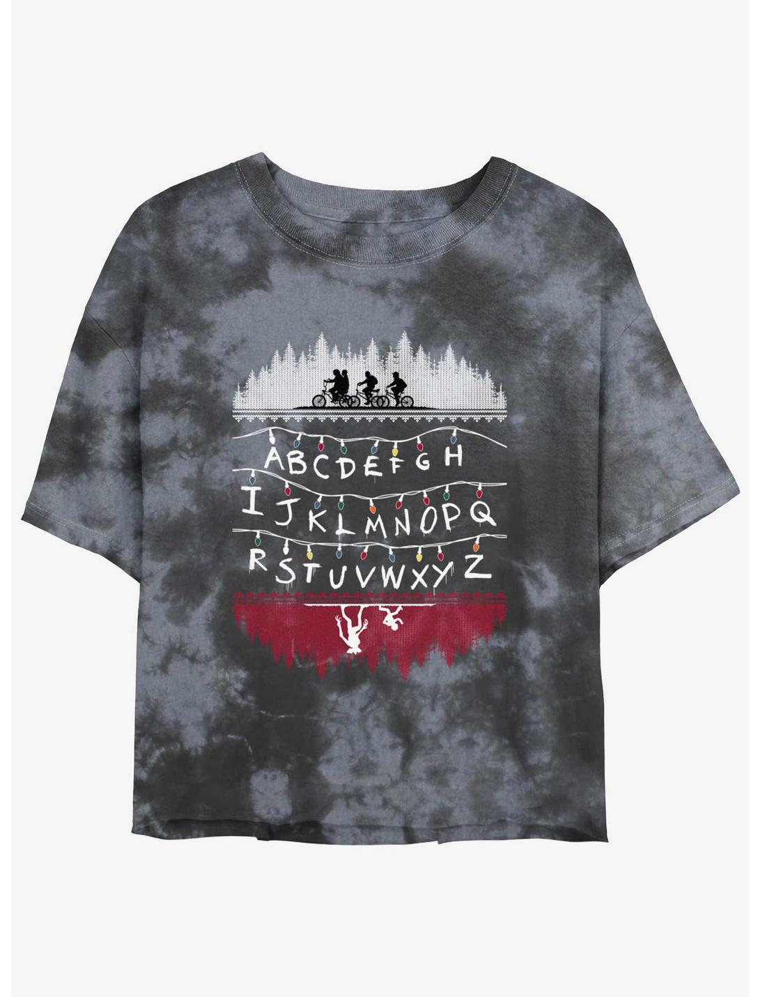 Stranger Things Alphabet Lights Mineral Wash Crop Girls T-Shirt, BLKCHAR, hi-res