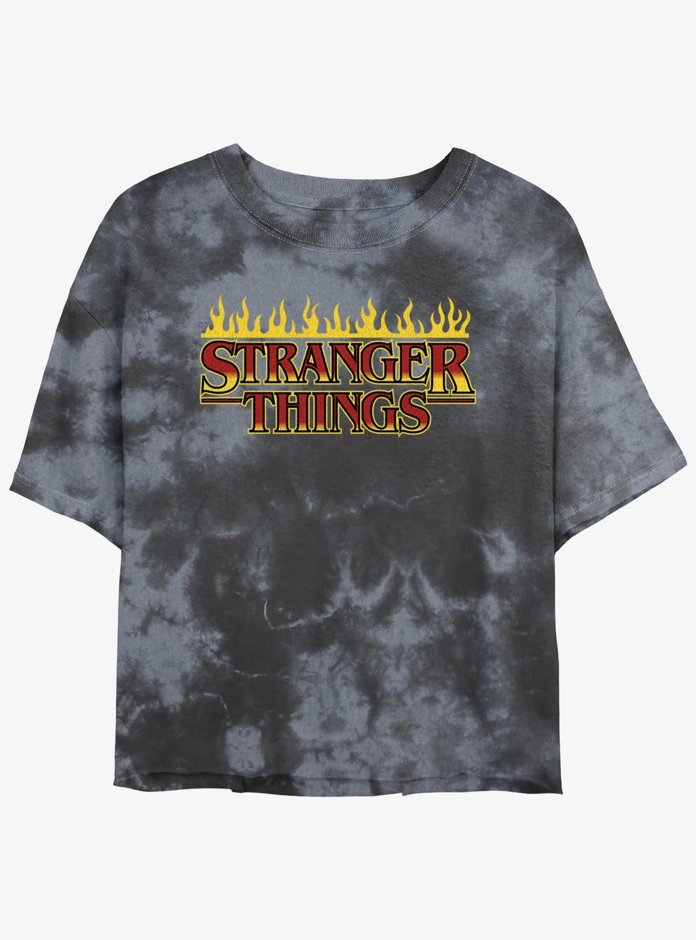Stranger Things Flaming Logo Mineral Wash Crop Girls T-Shirt, BLKCHAR, hi-res