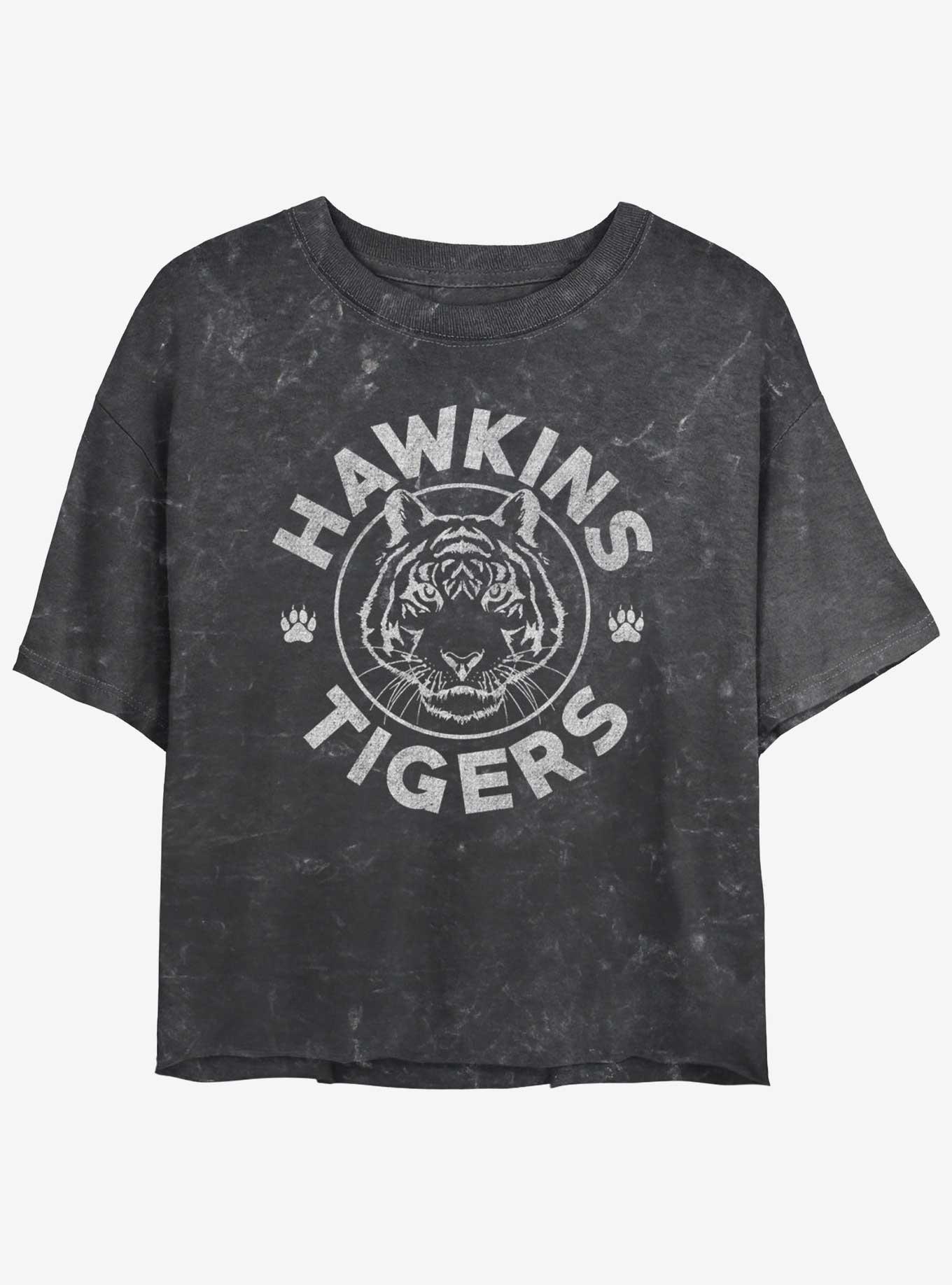 Stranger Things Hawkins Tigers Mineral Wash Crop Girls T-Shirt, BLACK, hi-res