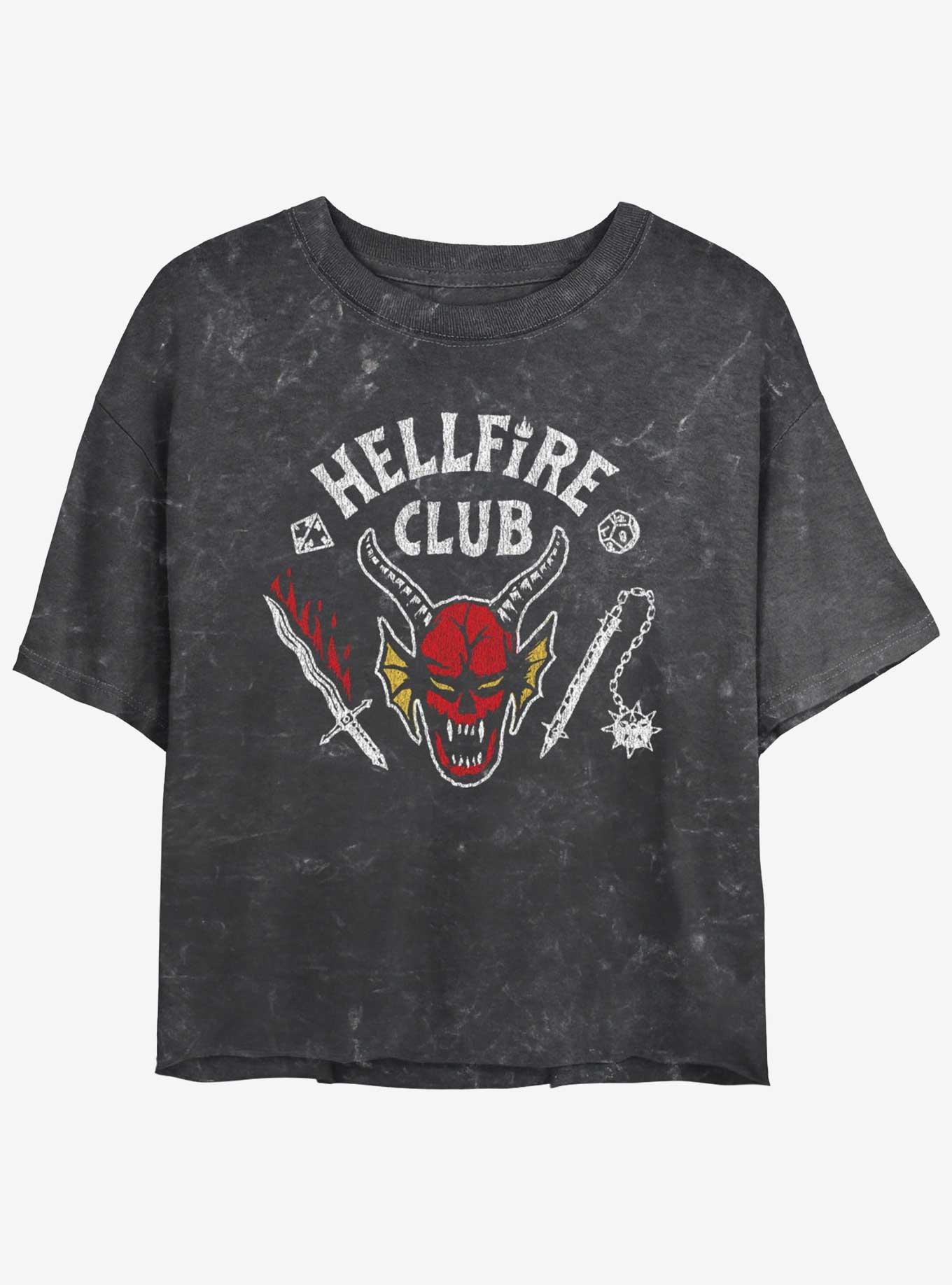 Stranger Things Hellfire Club Mineral Wash Crop Girls T-Shirt, BLACK, hi-res