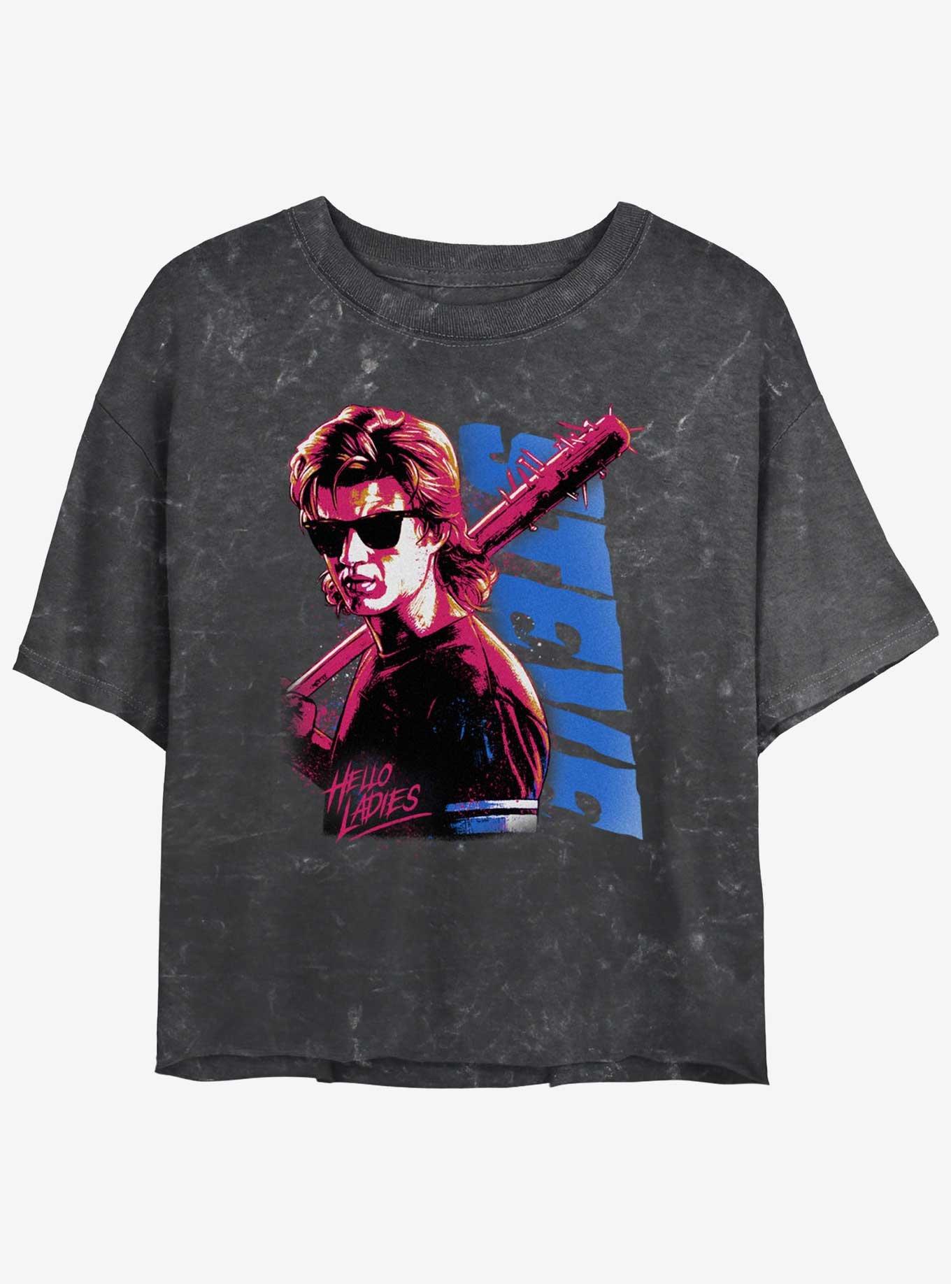 Stranger Things Steve Hello Ladies Mineral Wash Crop Girls T-Shirt, BLACK, hi-res