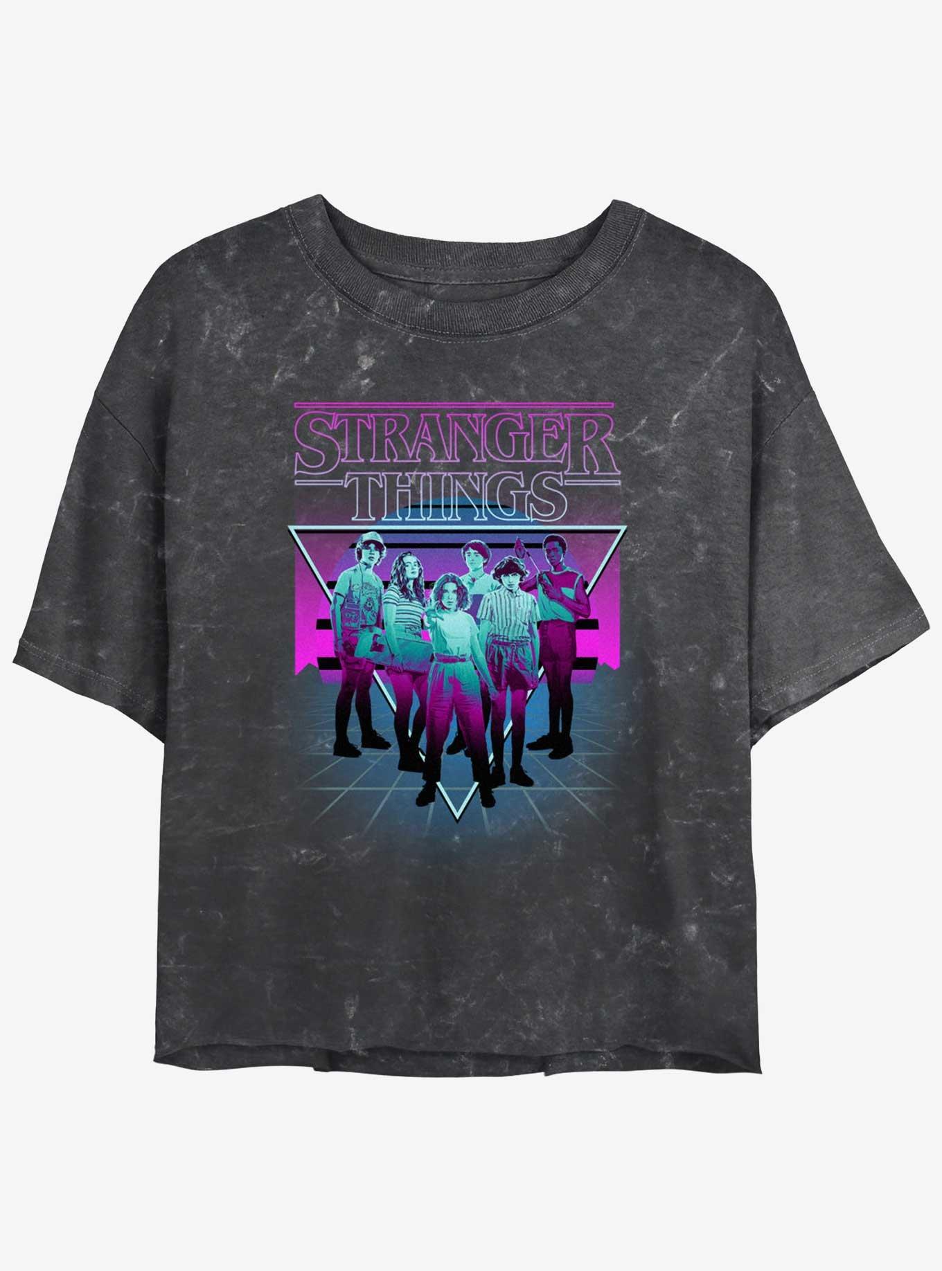 Stranger Things Retro Group Mineral Wash Crop Girls T-Shirt, BLACK, hi-res