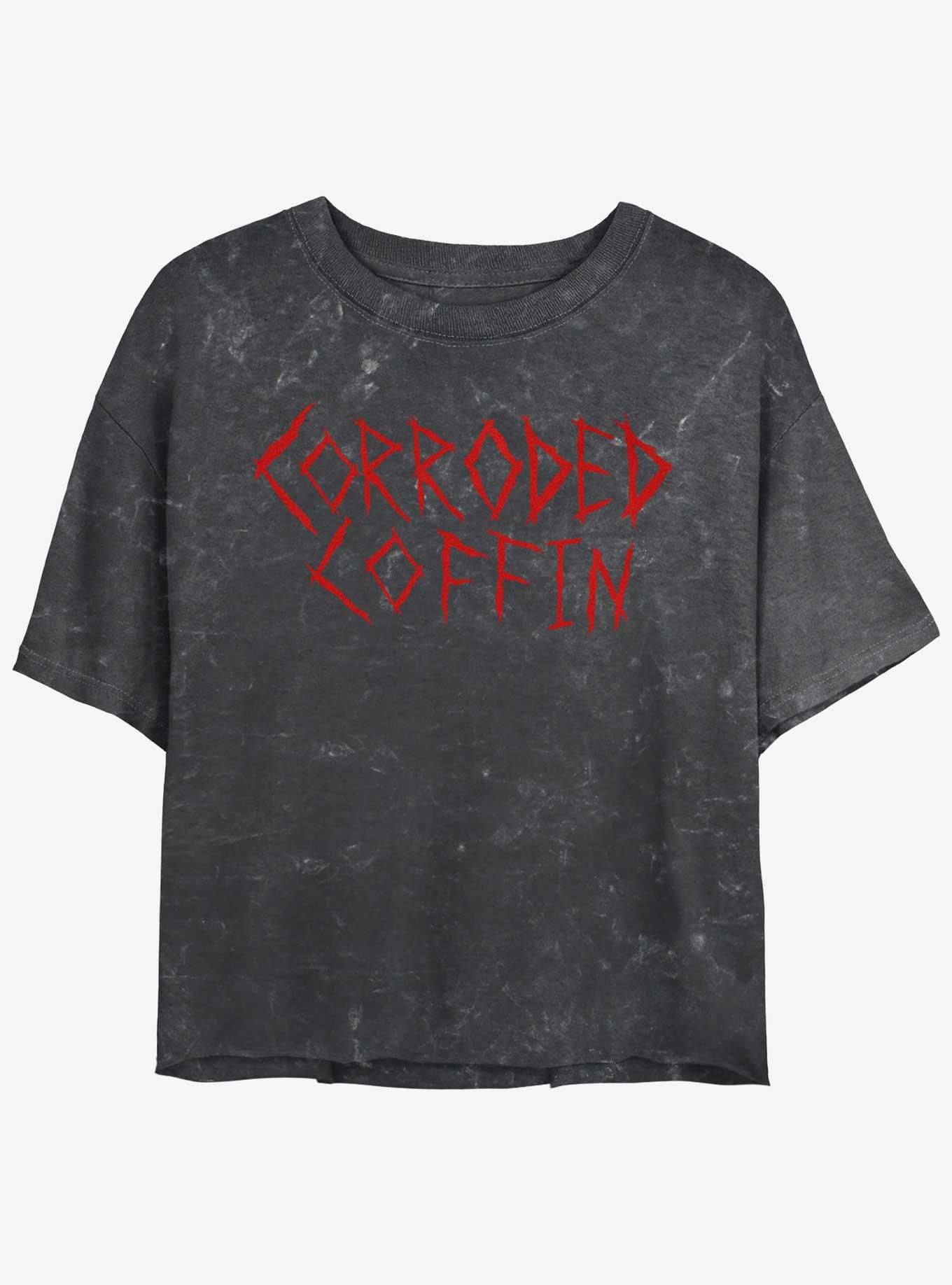 Stranger Things Corroded Coffin Mineral Wash Crop Girls T-Shirt, BLACK, hi-res