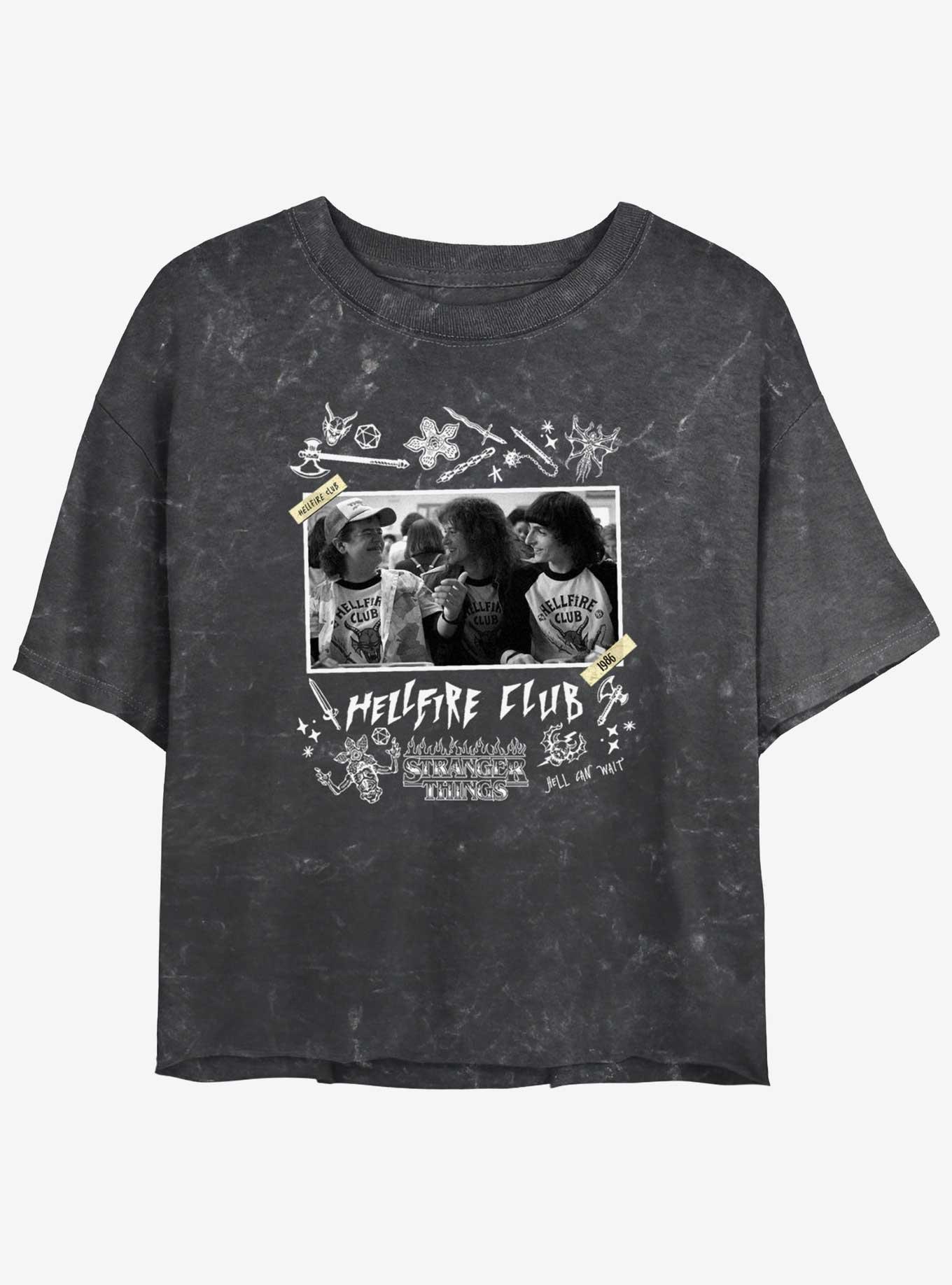 Stranger Things Hellfire Club Scrapbook Mineral Wash Crop Girls T-Shirt, BLACK, hi-res